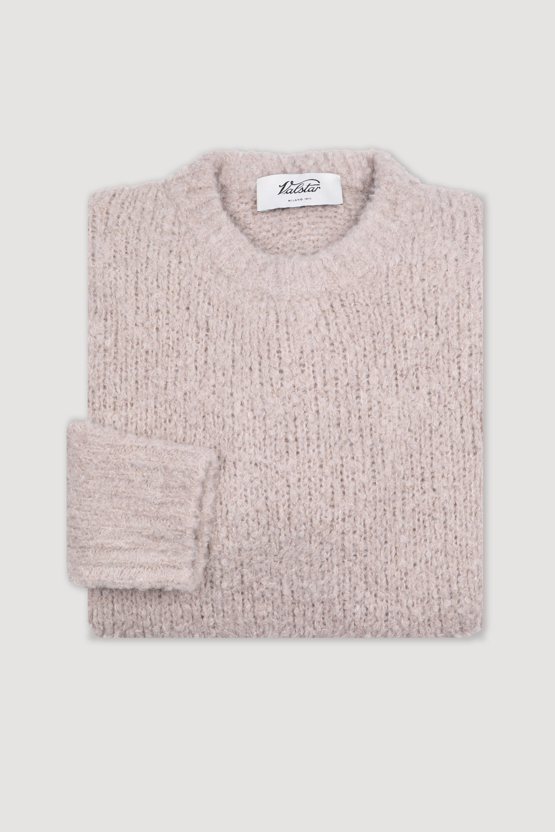 Maglia girocollo con filato bouclè in misto cashmere-alpaca-seta. Beige - Sable