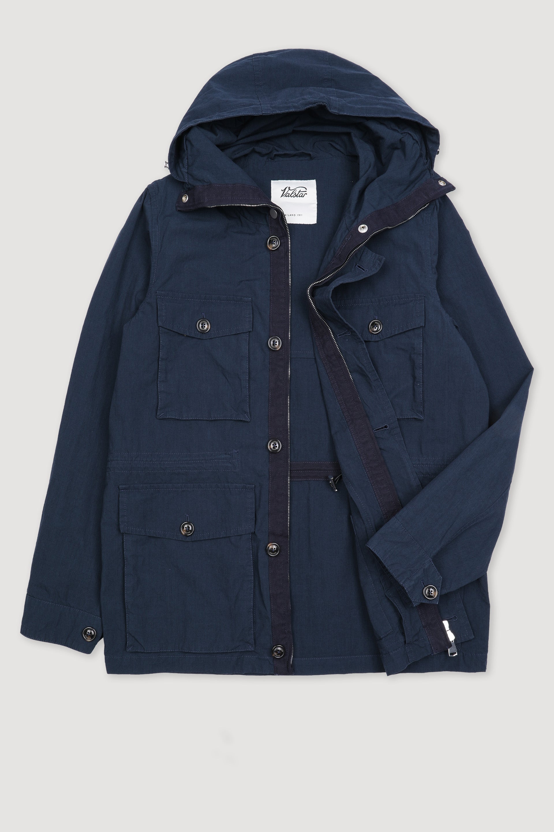 FIELD JACKET CAPPUCCIO ASCOMPARSA, SFODERATO, TESSUTO GIAPPONESE COTONE/NYLON WR, FINISSAGGIO VINTAGE - Navy blue