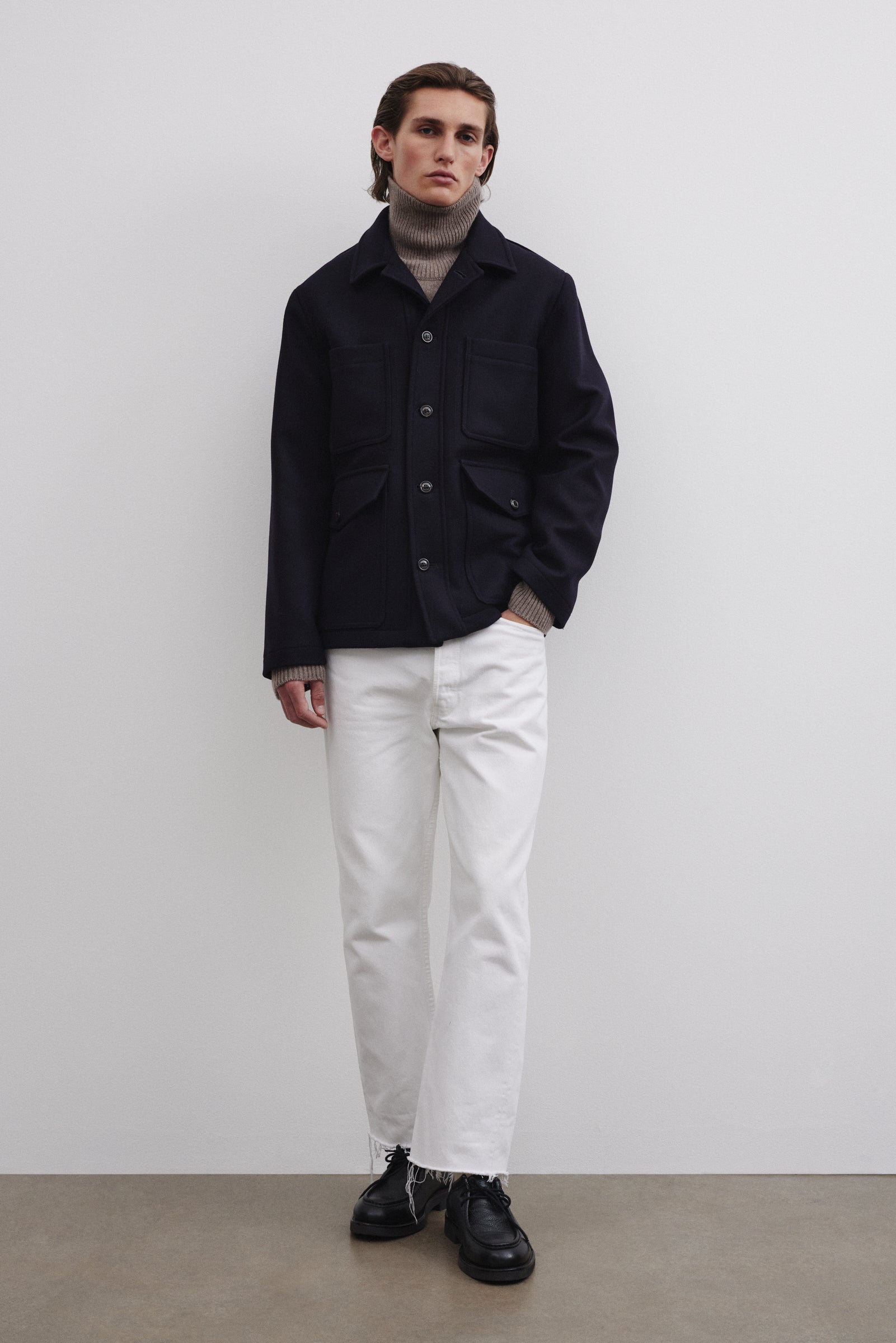 Arthur lined work jacket in virgin wool felt fabric - Navy
