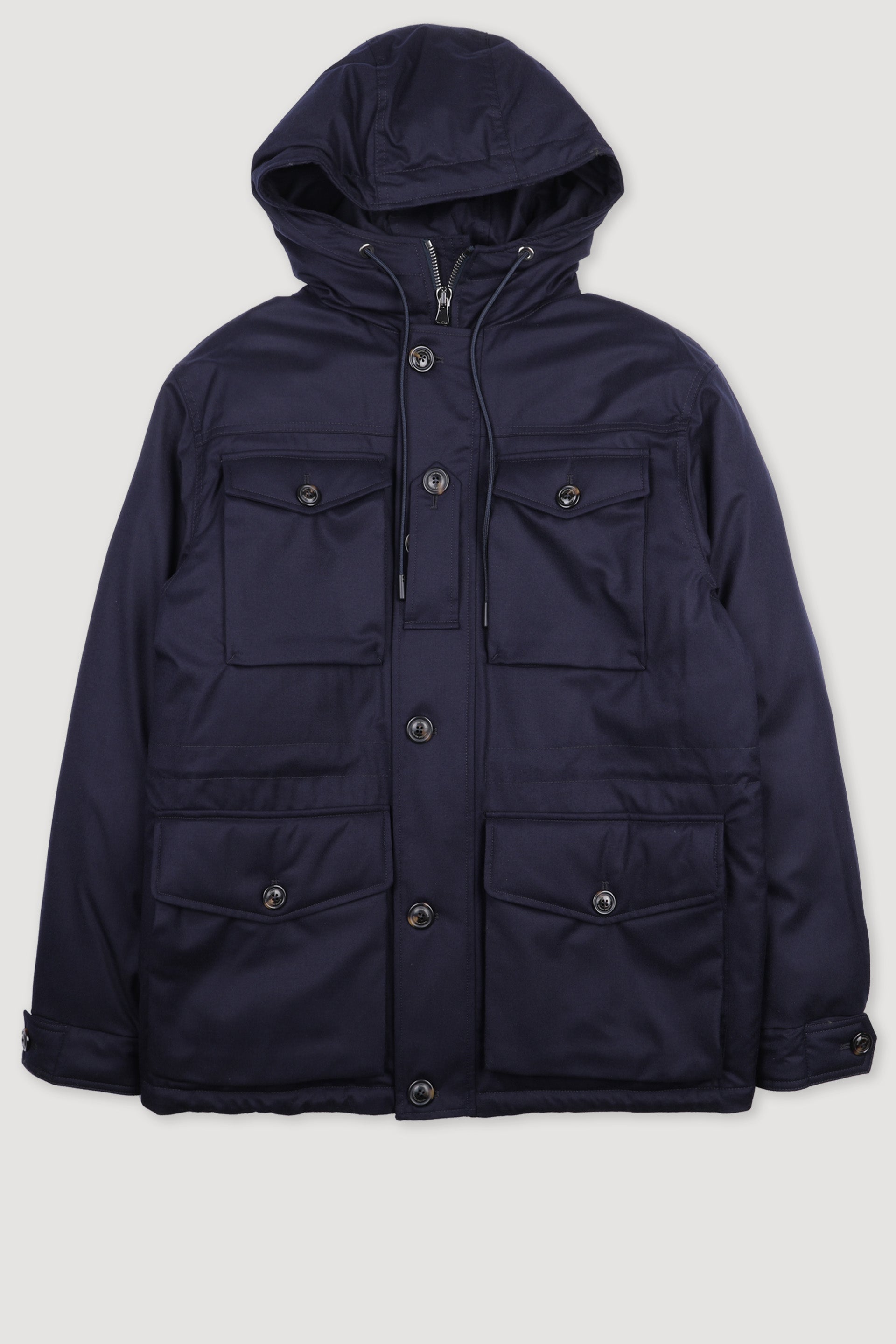 Down padded field jacket in a 2 two layer virgin wool flannel fabric,