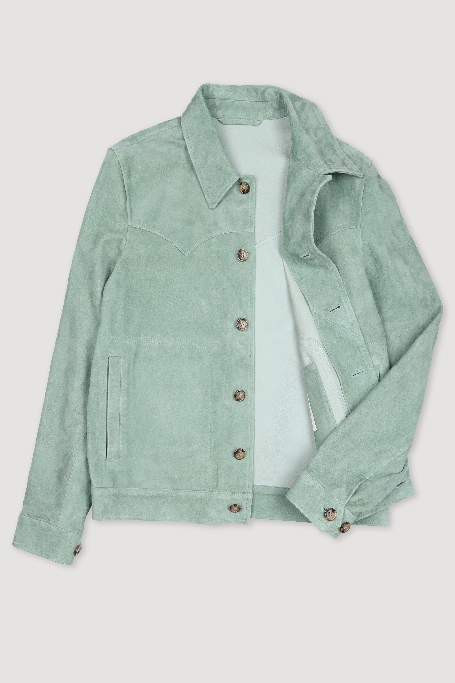 GIUBBOTTO CLINT CON BOTTONI, COLLO CAMICIA, SFODERATO, SOFT SUEDE - Smoke green