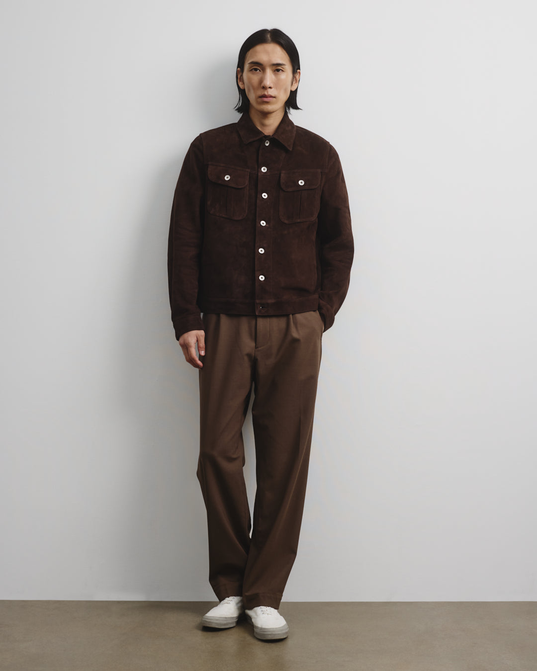 Davis unlined trucker jacket in suede leather. Brown - Caffè