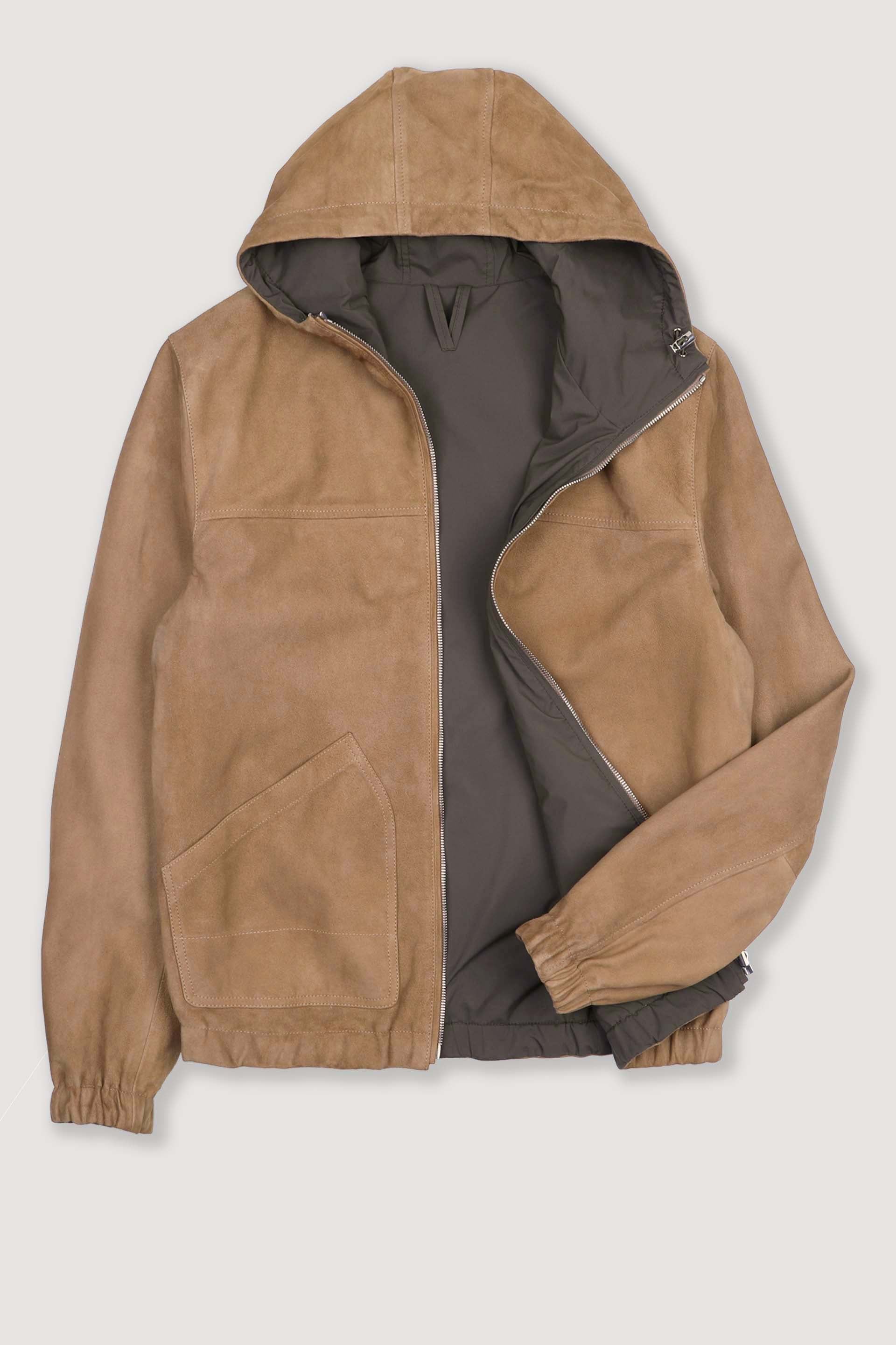 Giubbotto Coyle reversibile con cappuccio in suede e tessuto waterproof. Beige - Arachide/Military