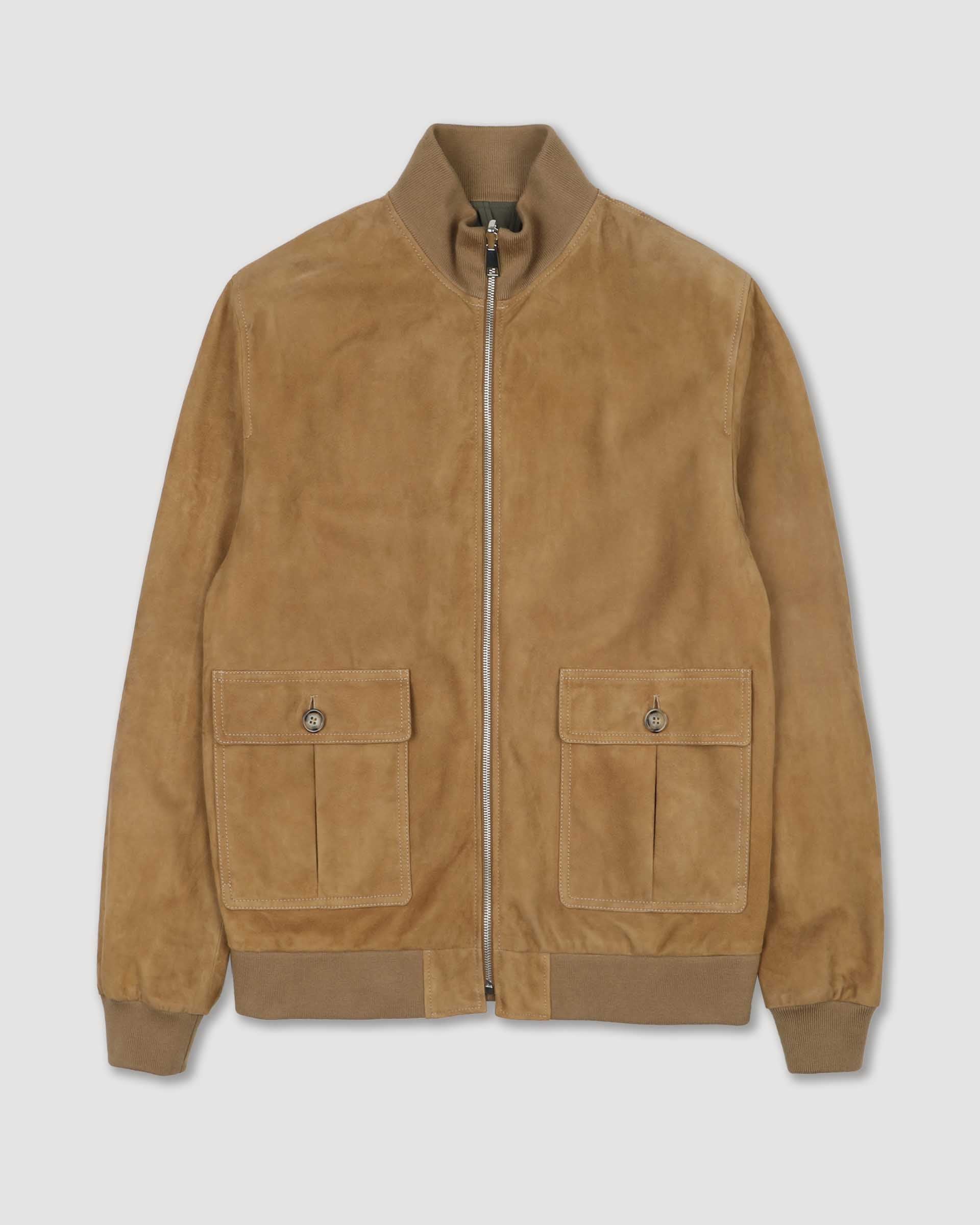 Reversible zip jacket in suede leather and waterproof fabric. Beige -
