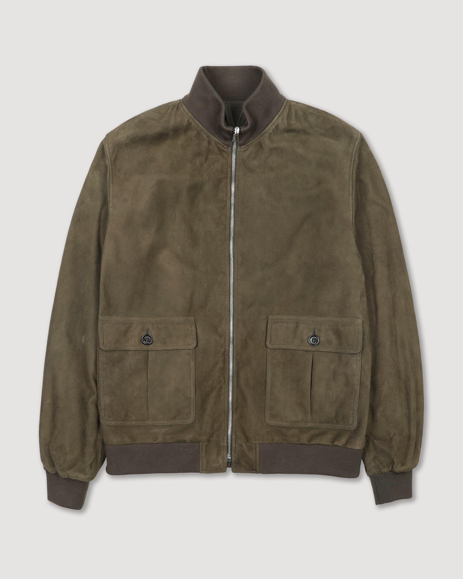 Reversible zip jacket in suede leather and waterproof fabric. Green -
