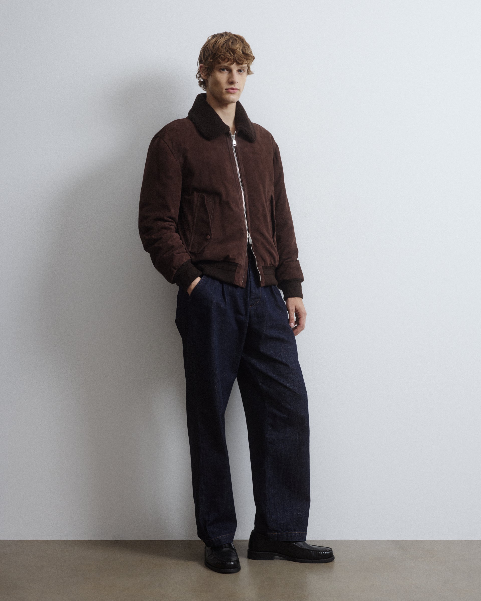 Cudden goose down flight jacket in suede leather with shearling collar