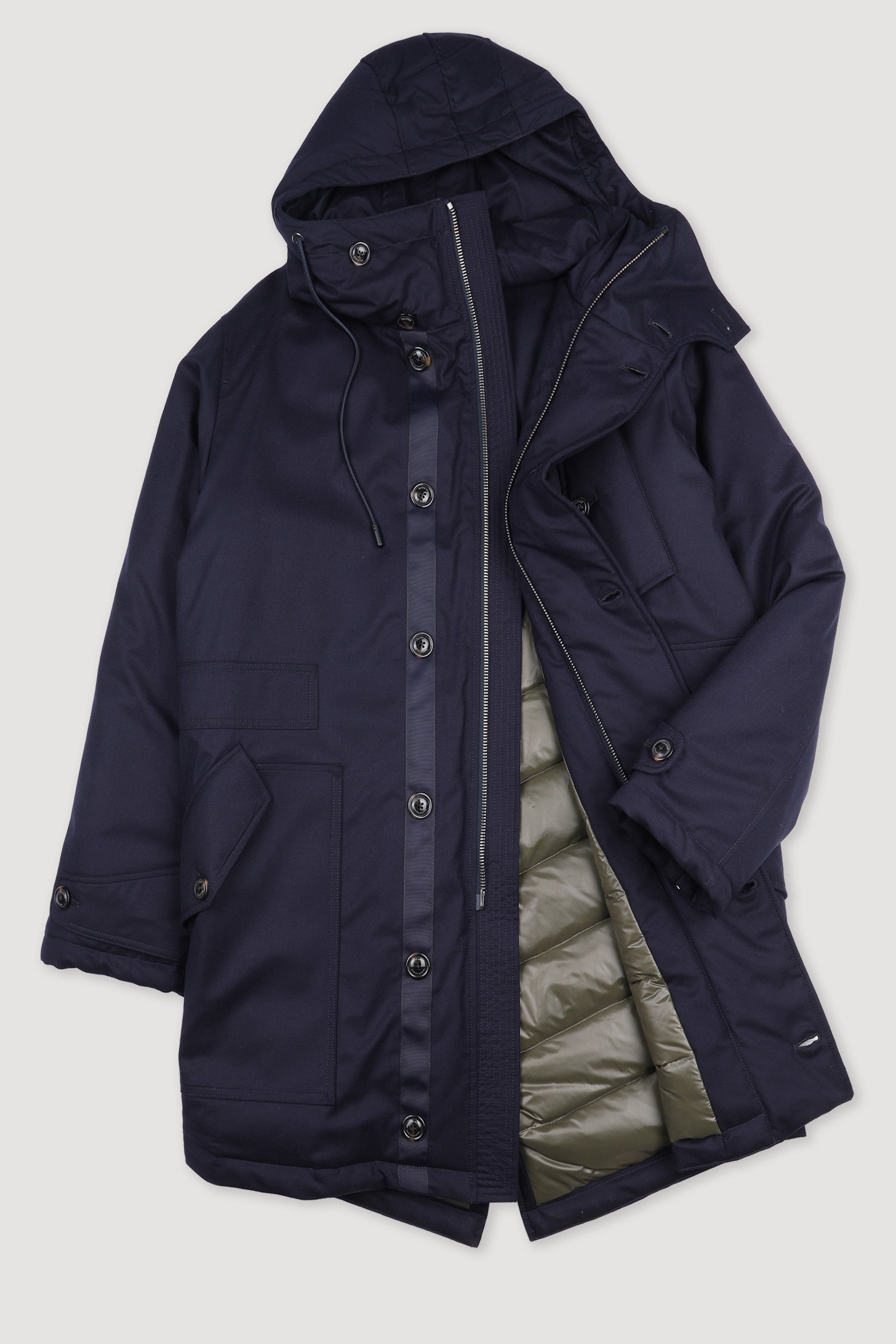 PARKA IMBOTTITO IN PIUMA, FLANELLA DI LANA VERGINE 2 LAYER - Navy blue