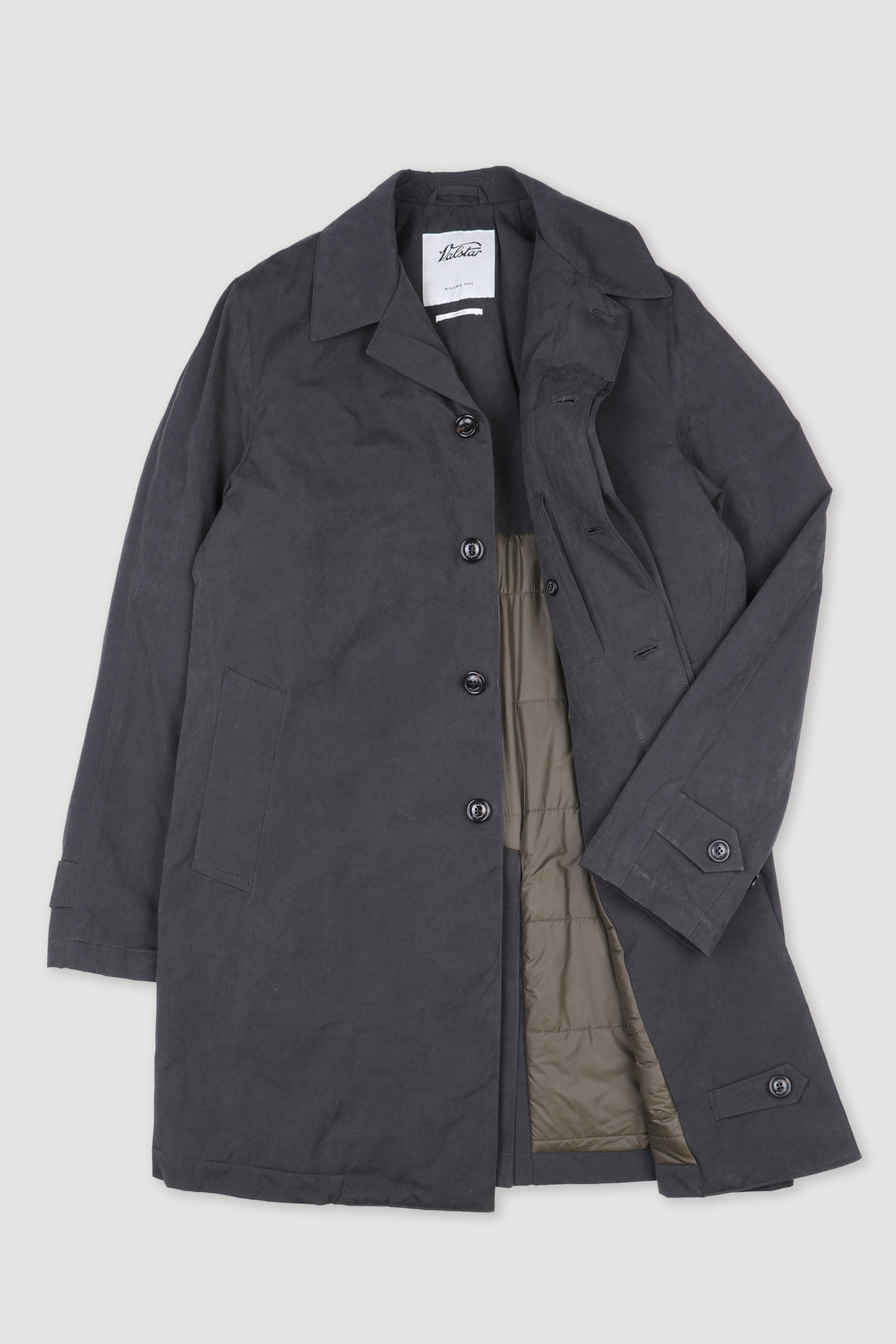 TRENCH COAT MILANO, TESSUTO MISTO COTONE CERATO WR, IMBOTTITO - Fumo di londra