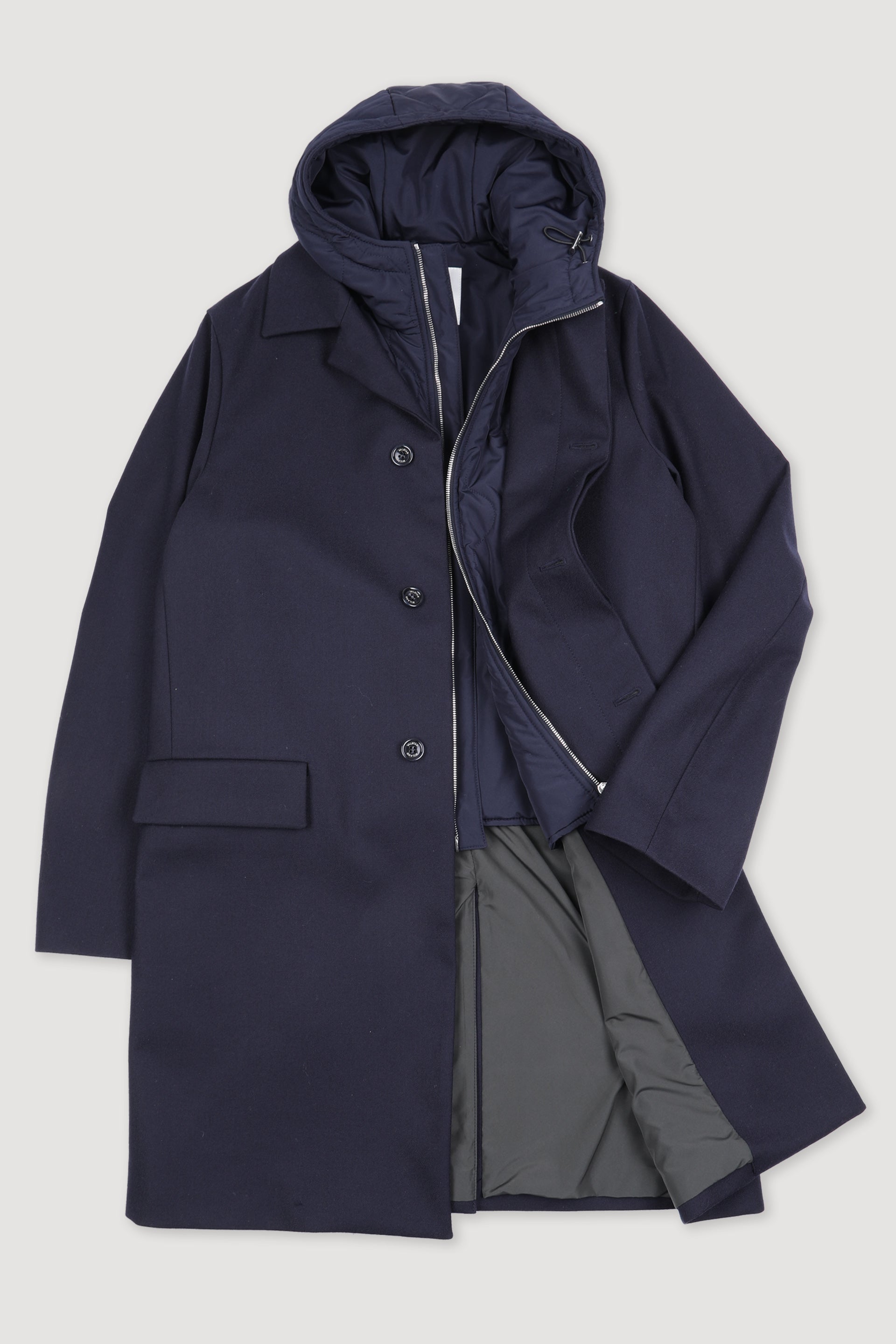 TRENCH IIN FLANELLA DI LANA 3 LAYER , GILET TRAPUNTATO STACCABILE - Navy blue