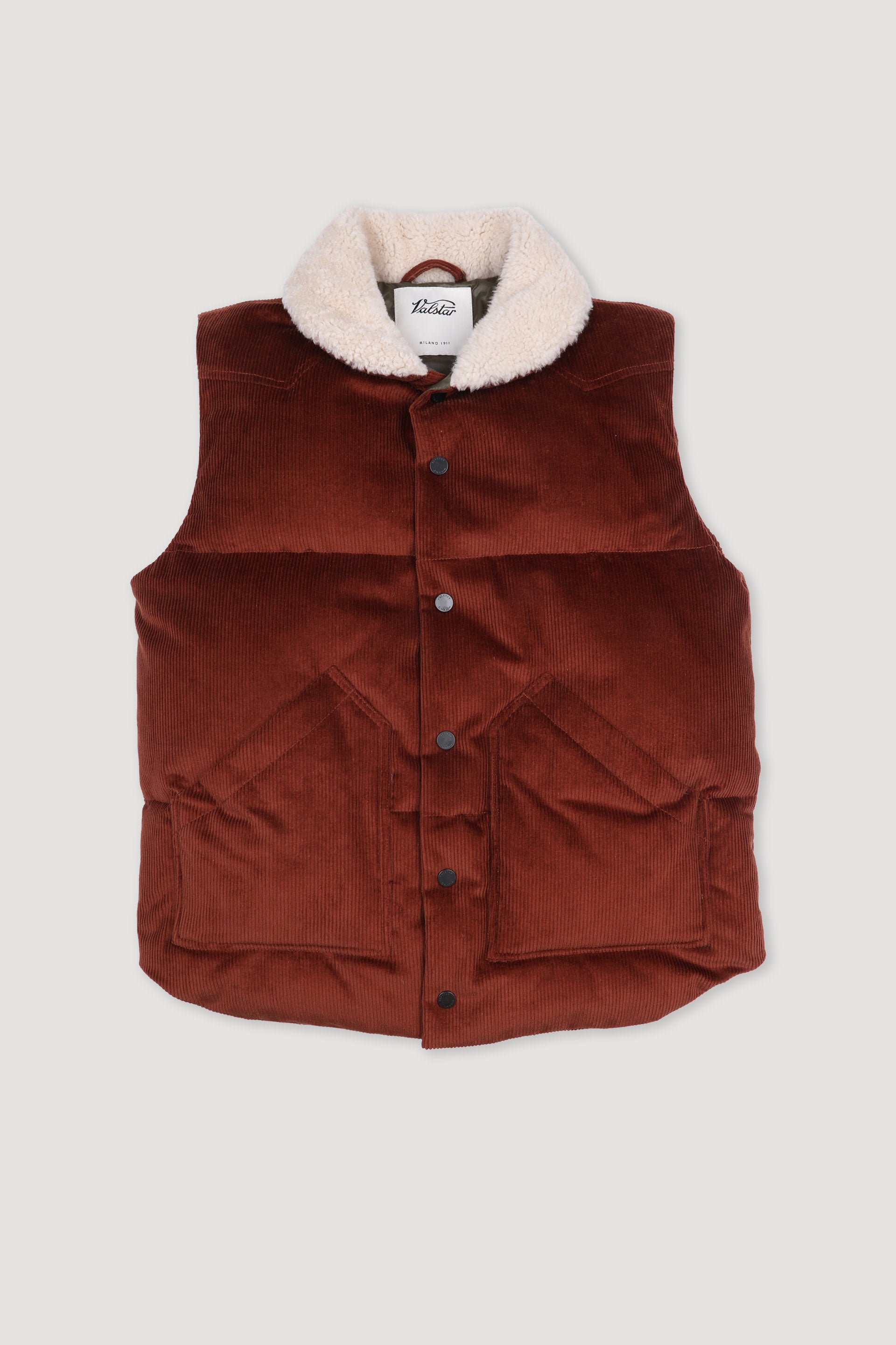 Goose down vest in suede leather with shearling collar. Orange - Terra