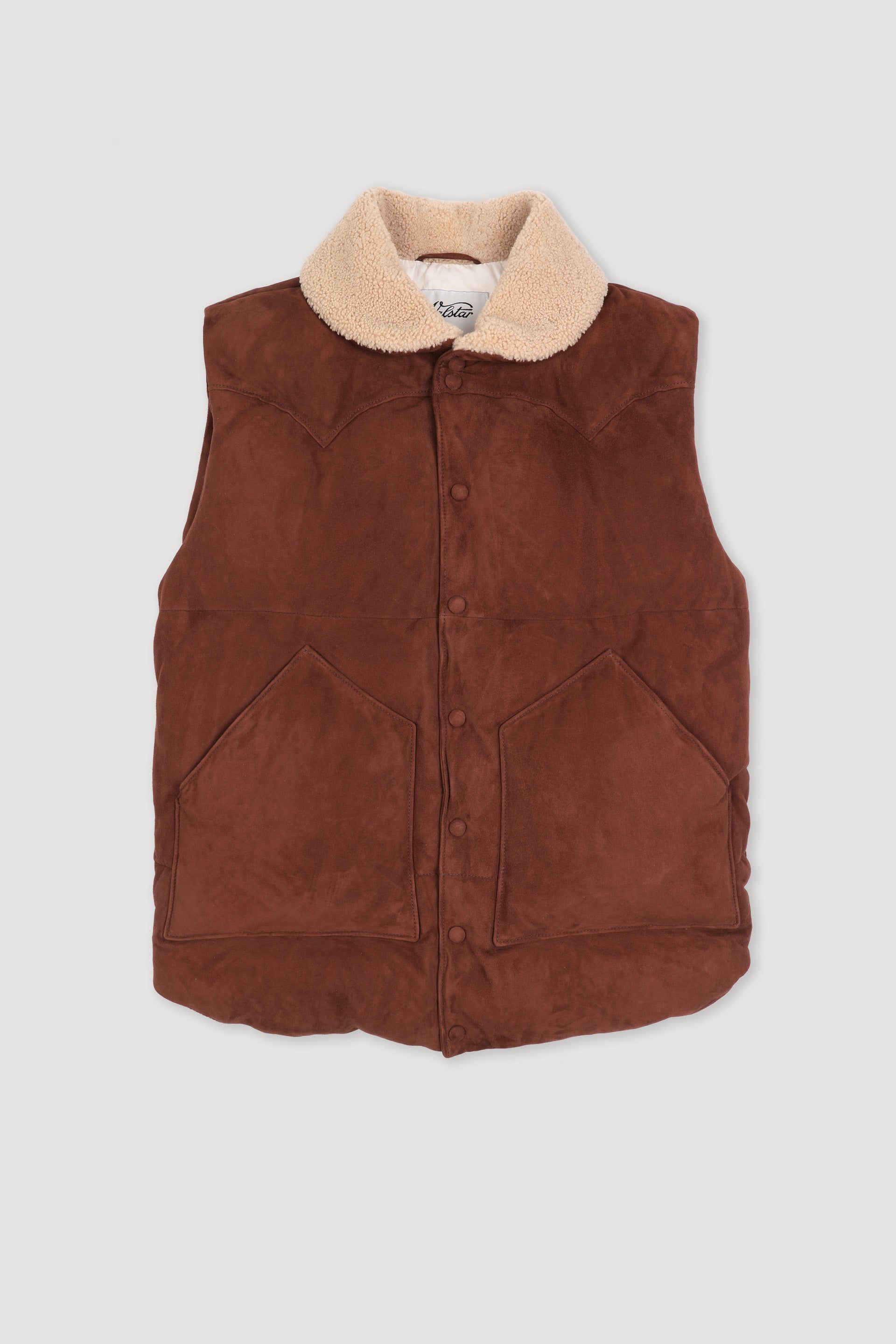 新品　atelier brugge Shawlcollar down vest Down padded vest in suede leather whit shearling collar. Brown - Creta