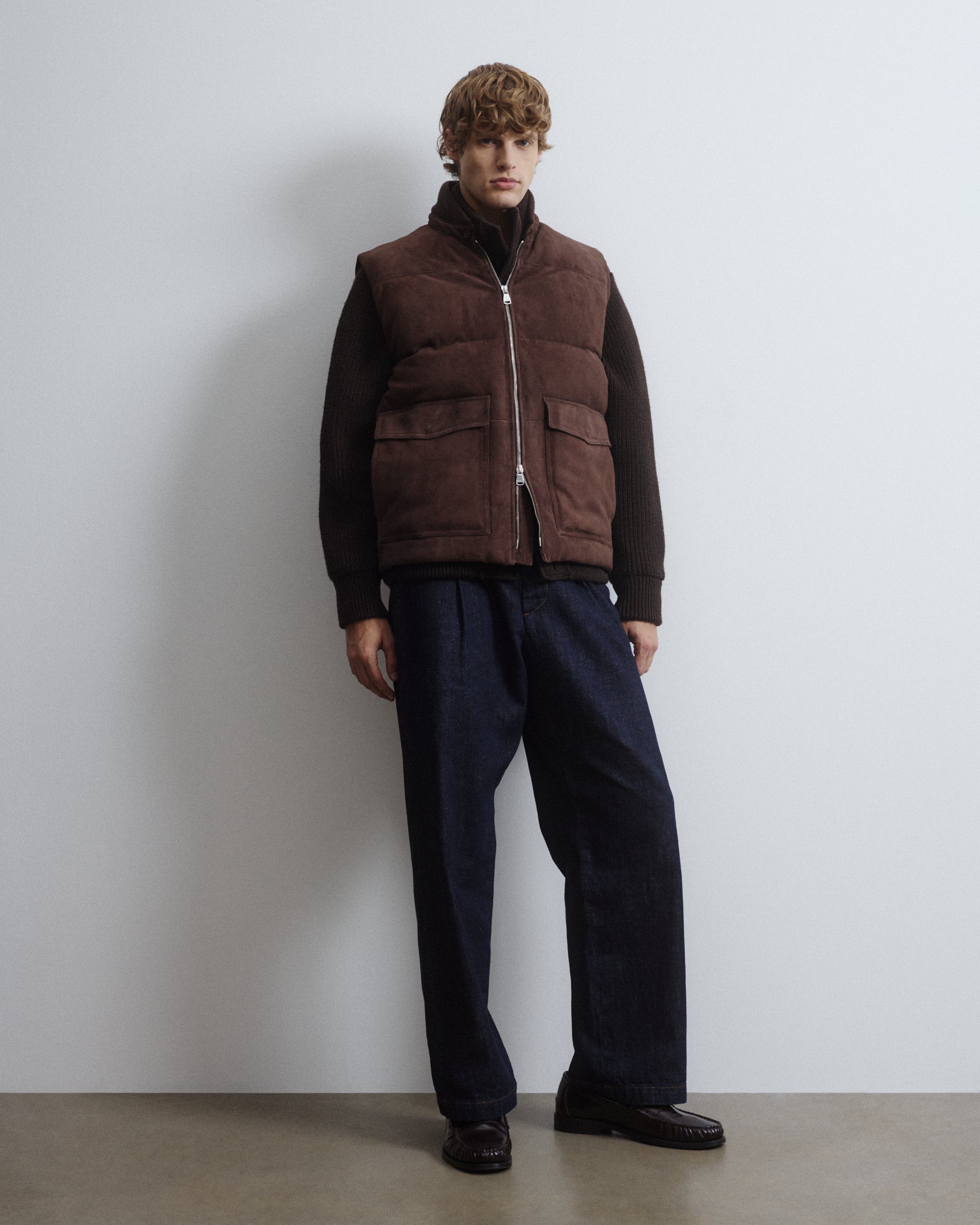 Locke down padded vest in suede leather whit knit collar. Brown - Caff