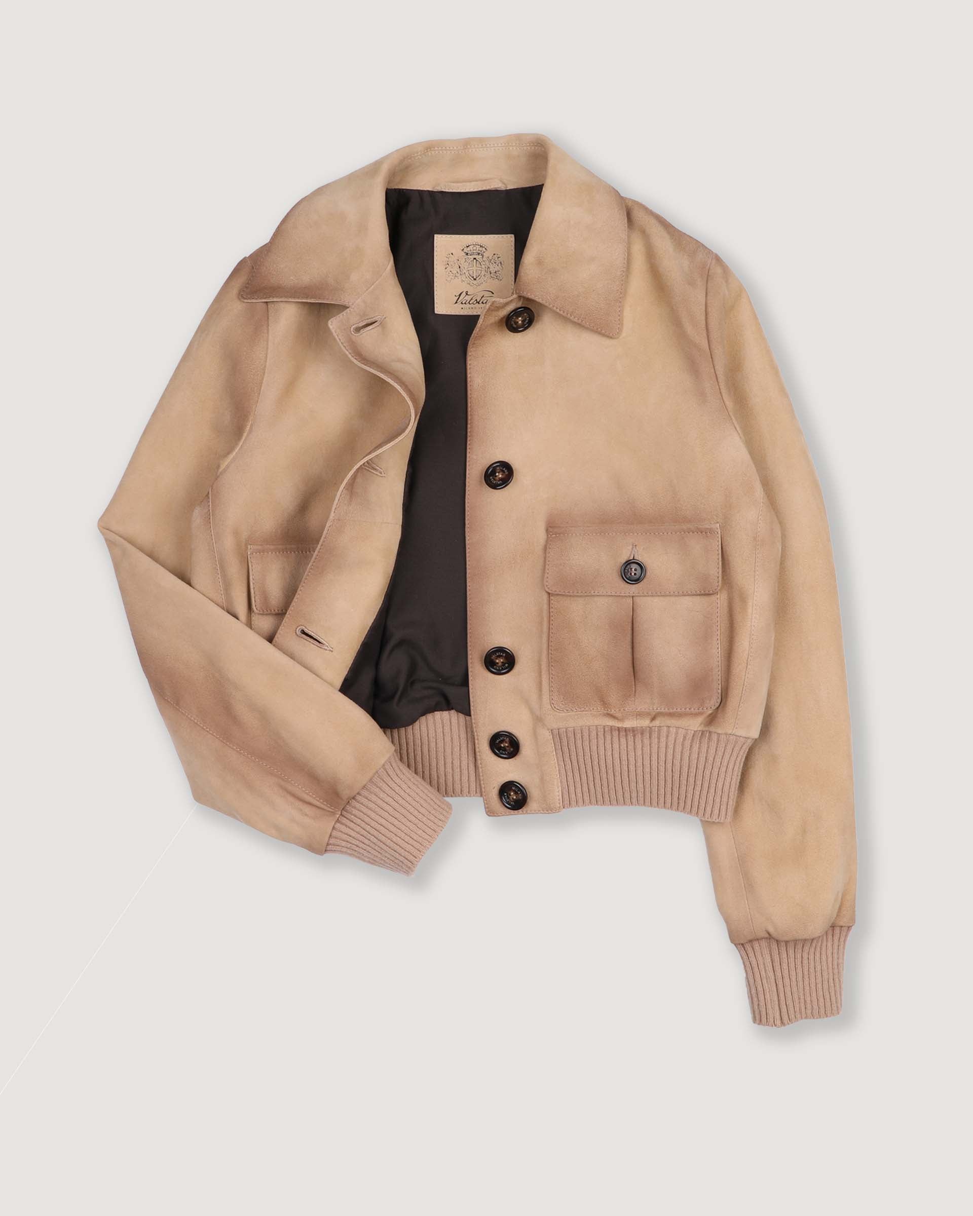 DONNA-VALSTARINO CROPPED CON BOTTONI IN LIGHT SUEDE VINTAGE, BORDI FONDO E POLSI IN MAGLIA, FODERATO - Sand