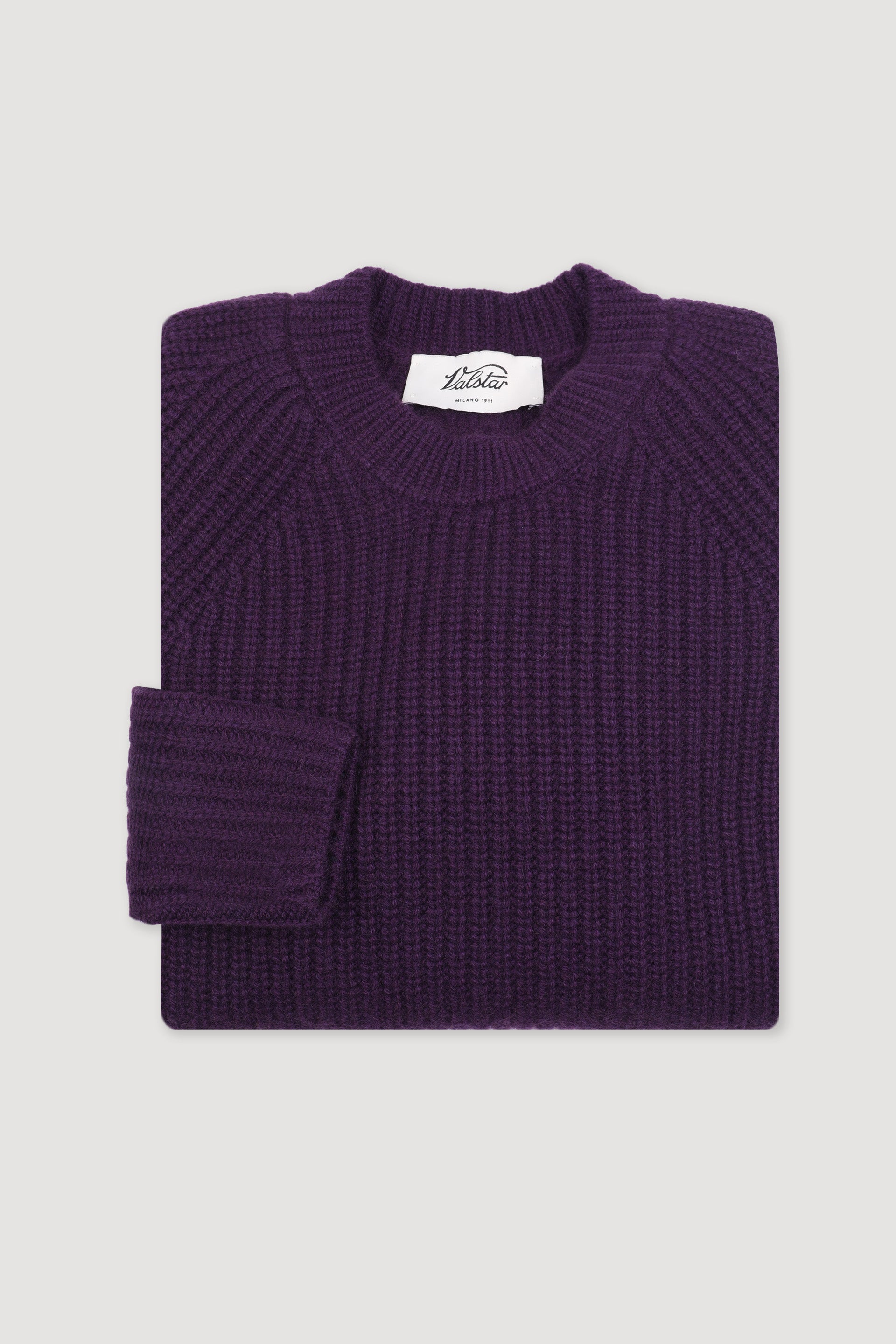 Maglia girocollo in cashmere con punto a mezza maglia inglese. Beige - Purple