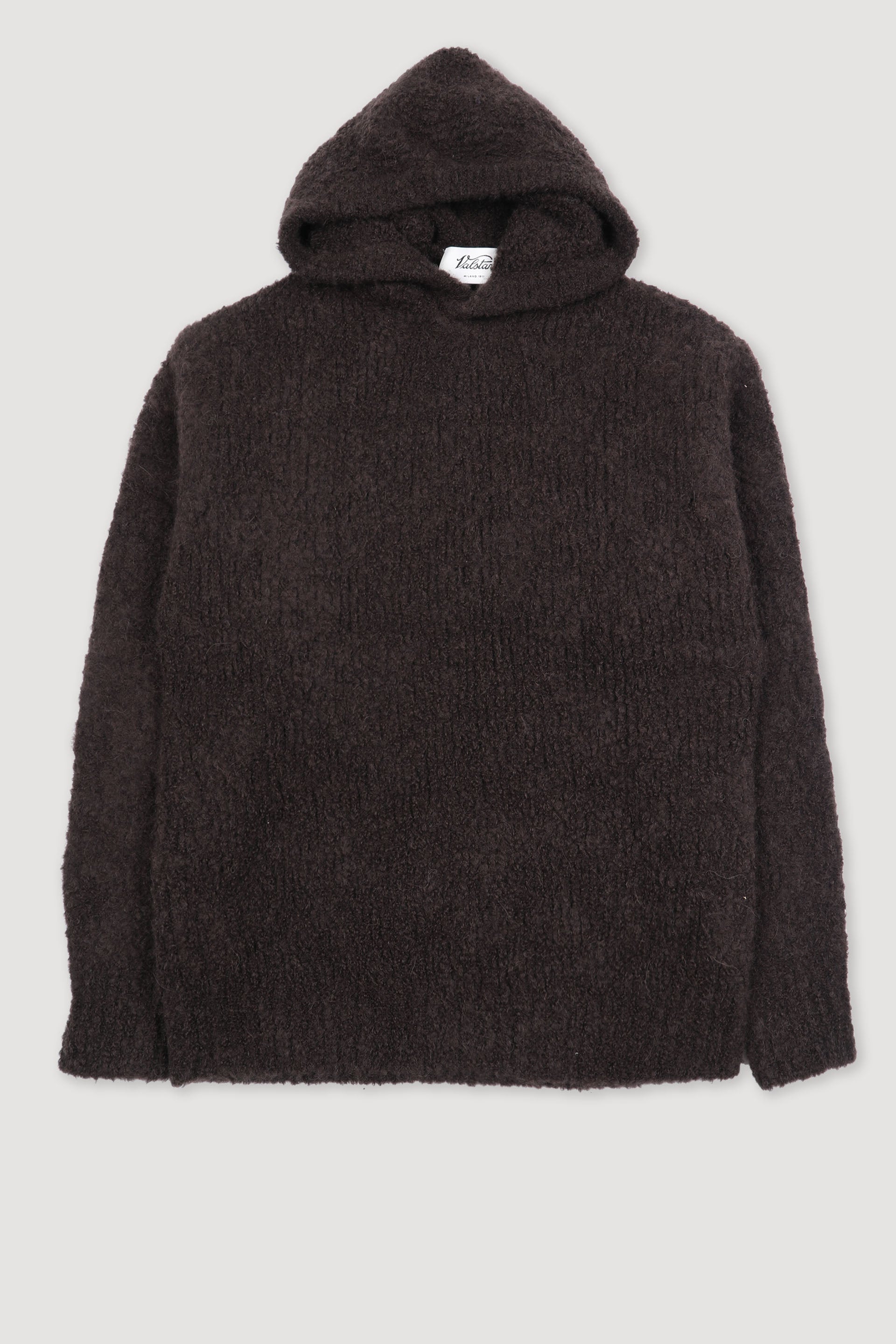 Maglia con cappuccio in  filato bouclè in misto cashmere-alpaca-seta. Marrone - Moro