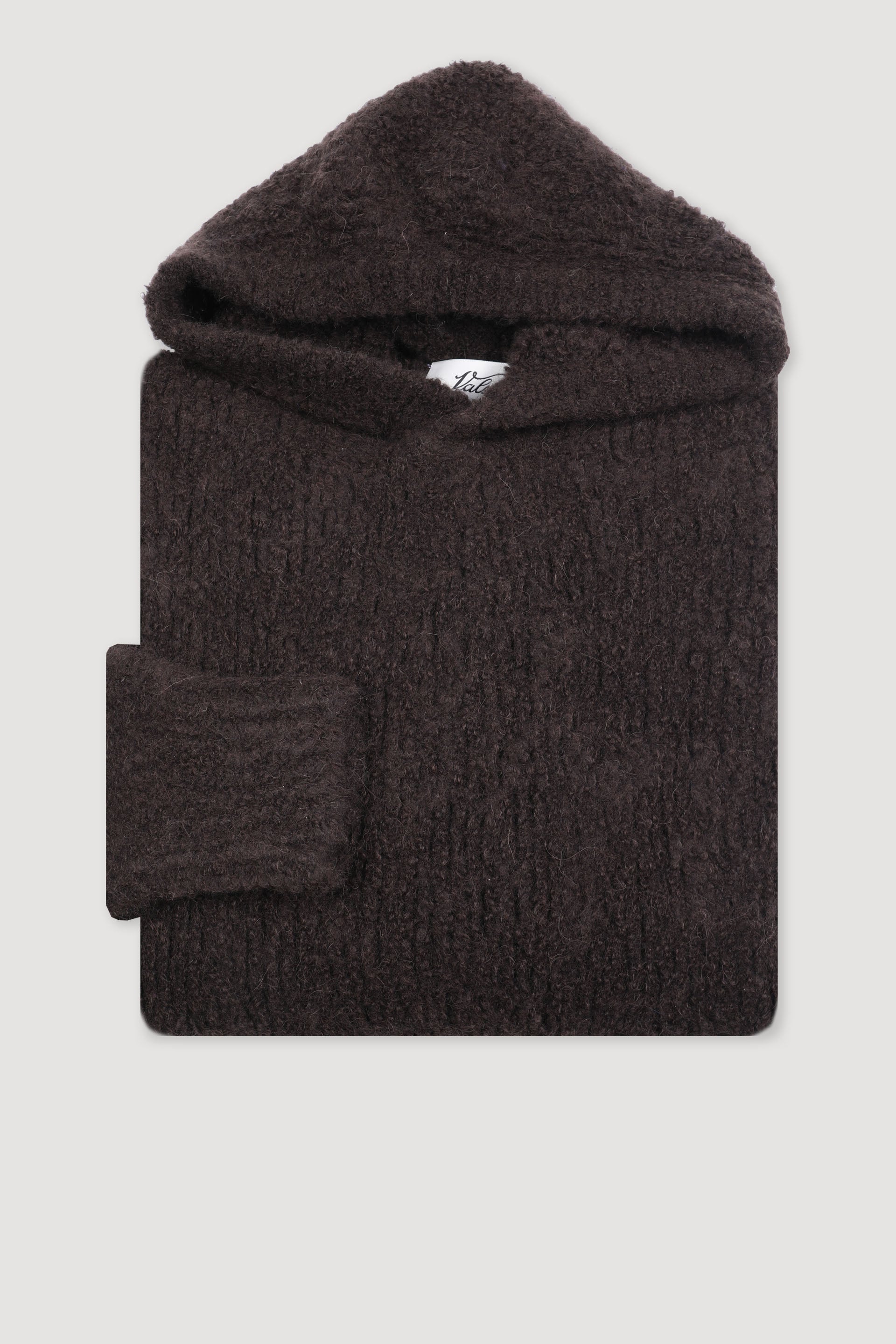Maglia con cappuccio in  filato bouclè in misto cashmere-alpaca-seta. Marrone - Moro