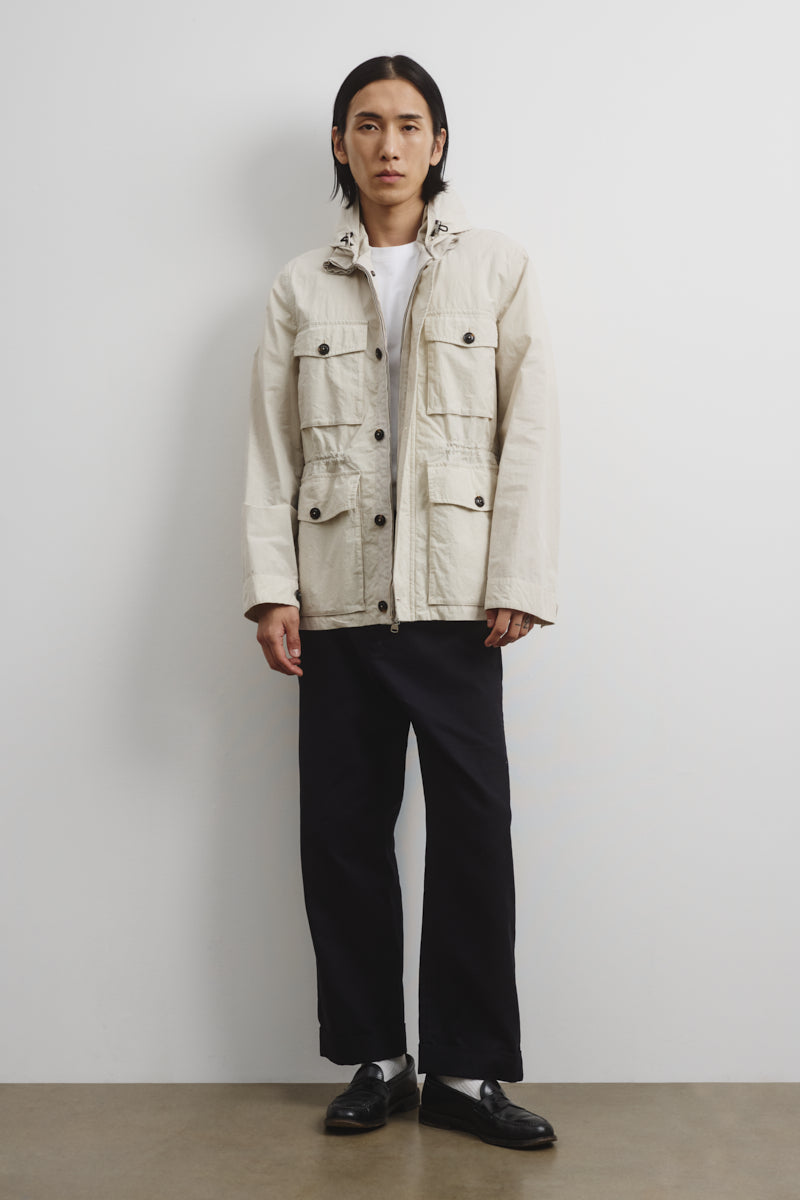 FIELD JACKET CAPPUCCIO ASCOMPARSA, SFODERATO, TESSUTO GIAPPONESE COTONE/NYLON WR, FINISSAGGIO VINTAGE - Ivory