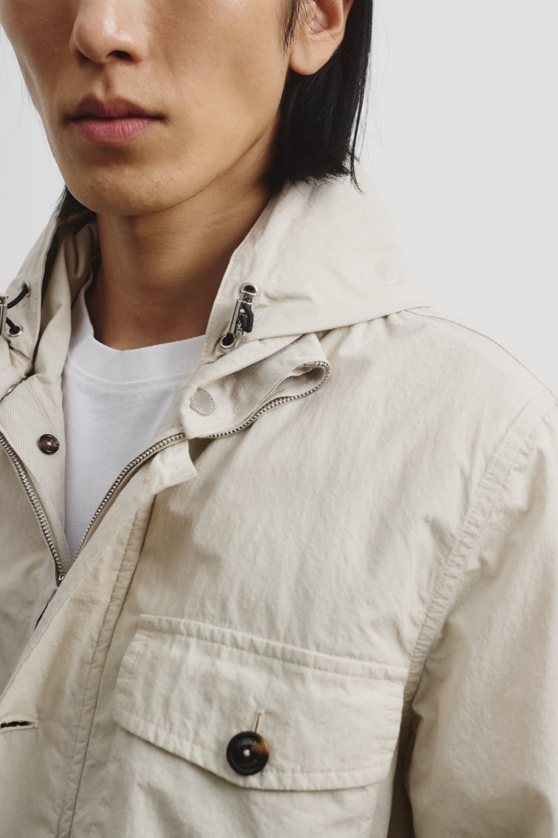 FIELD JACKET CAPPUCCIO ASCOMPARSA, SFODERATO, TESSUTO GIAPPONESE COTONE/NYLON WR, FINISSAGGIO VINTAGE - Ivory