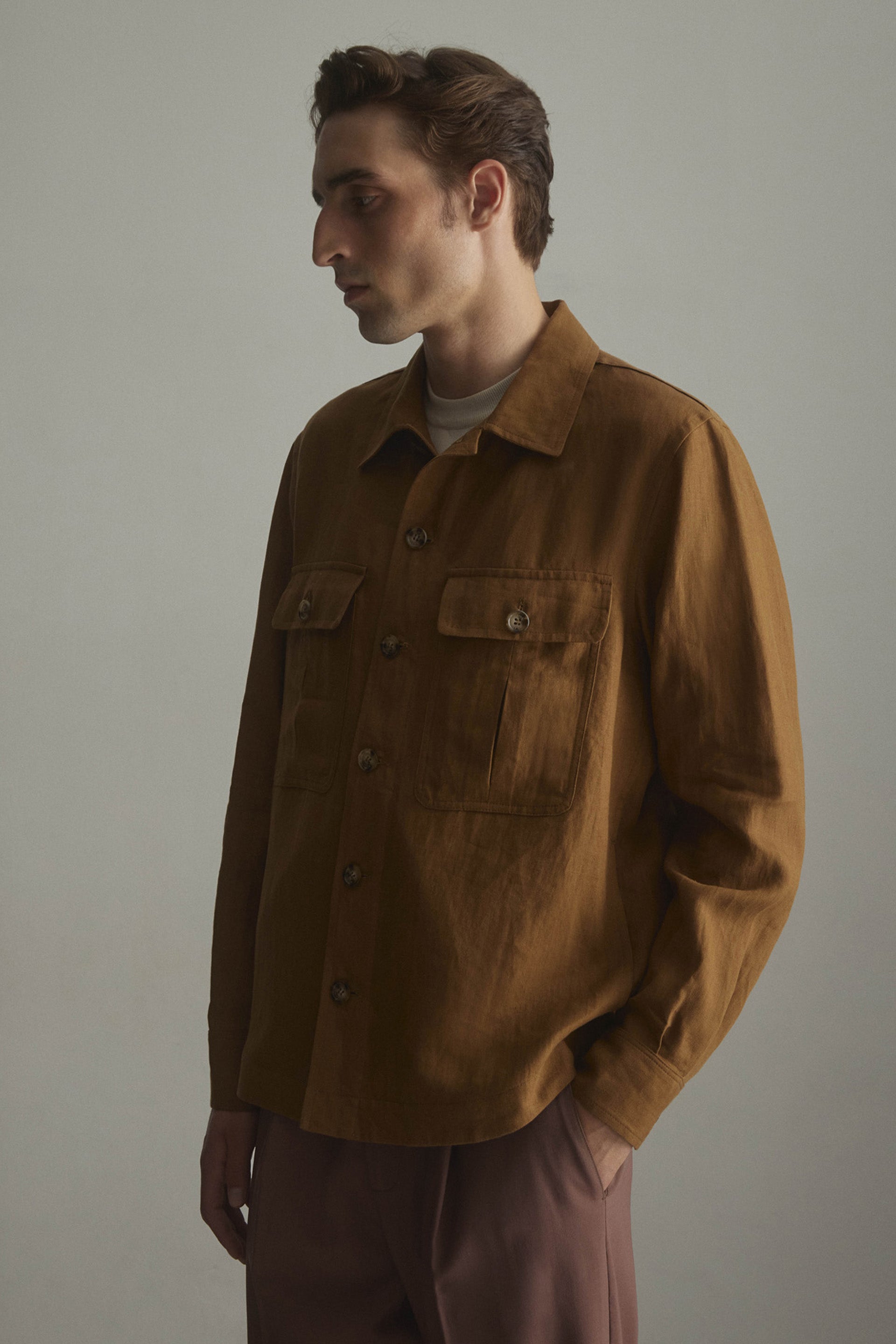 ANTONIO OVERSHIRT , SFODERATA, LINO - Cognac