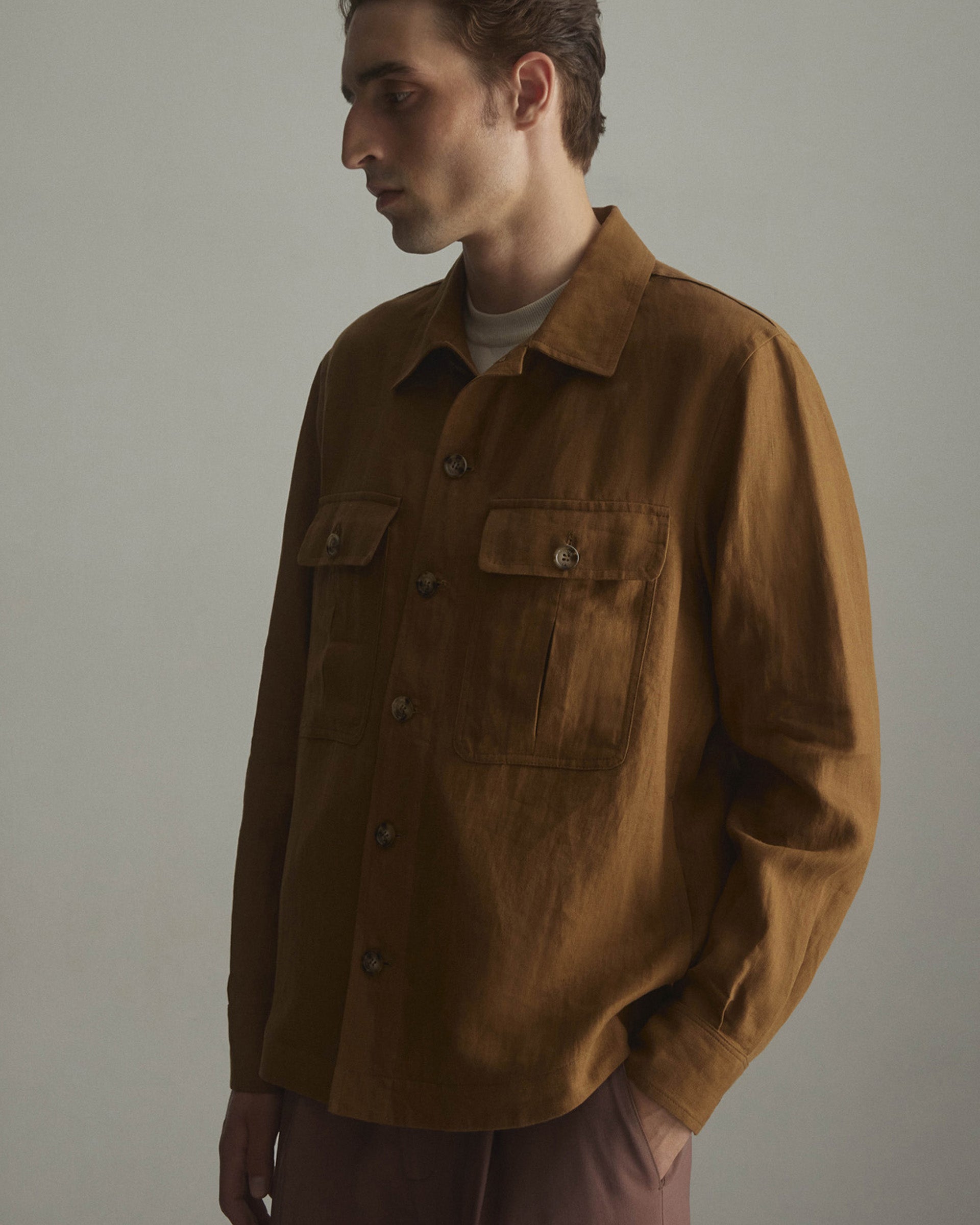 Overshirt Antonio in lino, sfoderata. Marrone - Cognac