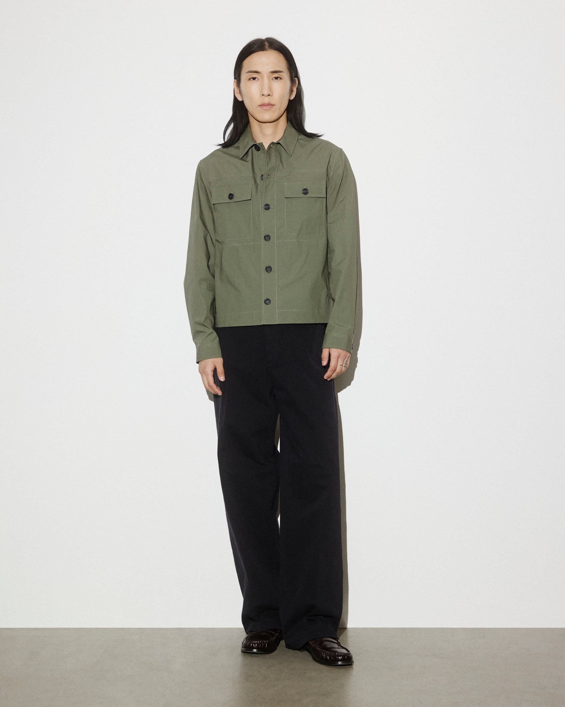 UOMO- OVERSHIRT JACKET CON BOTTONI IN TESSUTO POPELINE STRETCH, SFODERATO - Frantoio