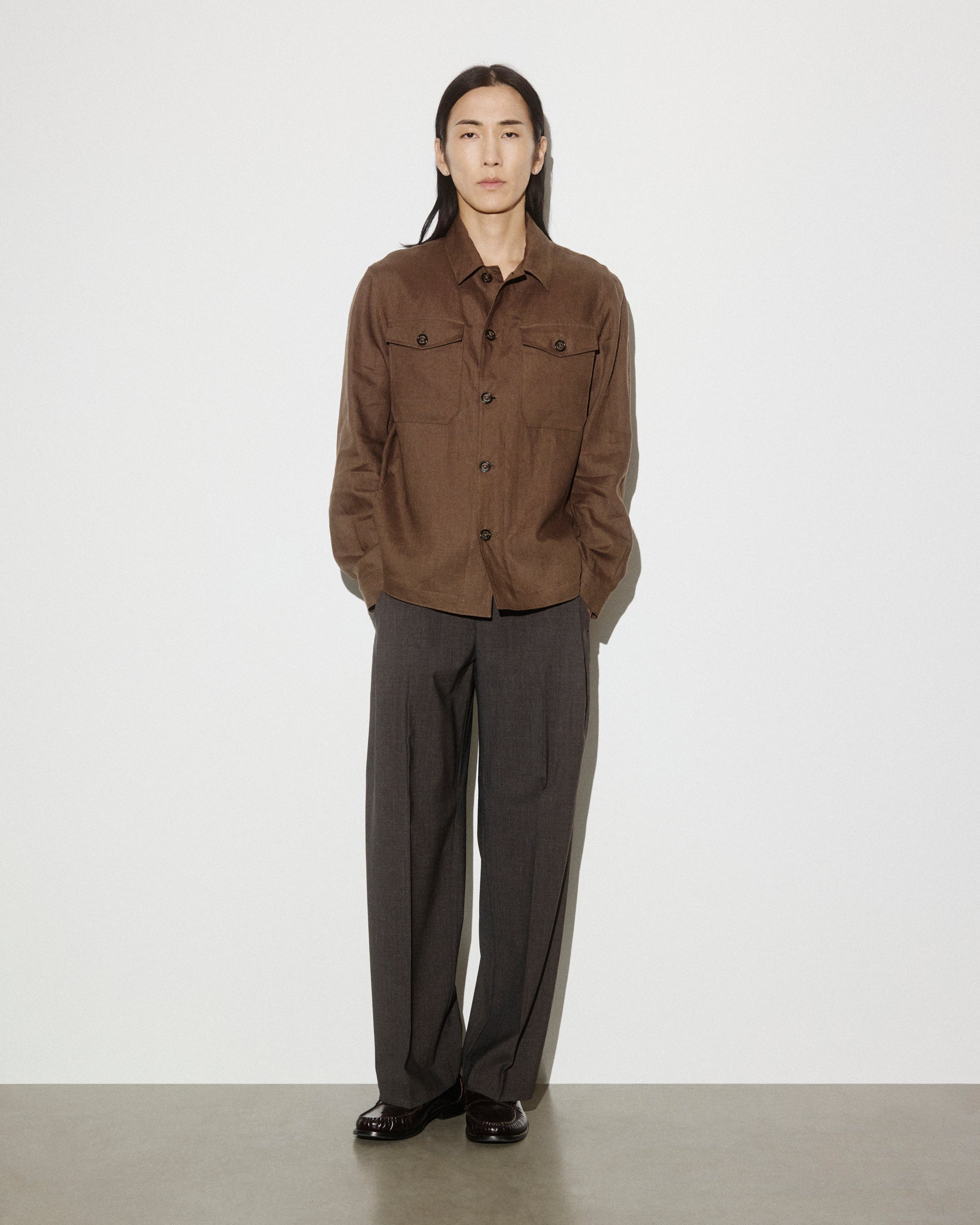 UOMO- OVERSHIRT CON BOTTONI IN TESSUTO LINO TINTO PEZZA, SFODERATA - Caramello