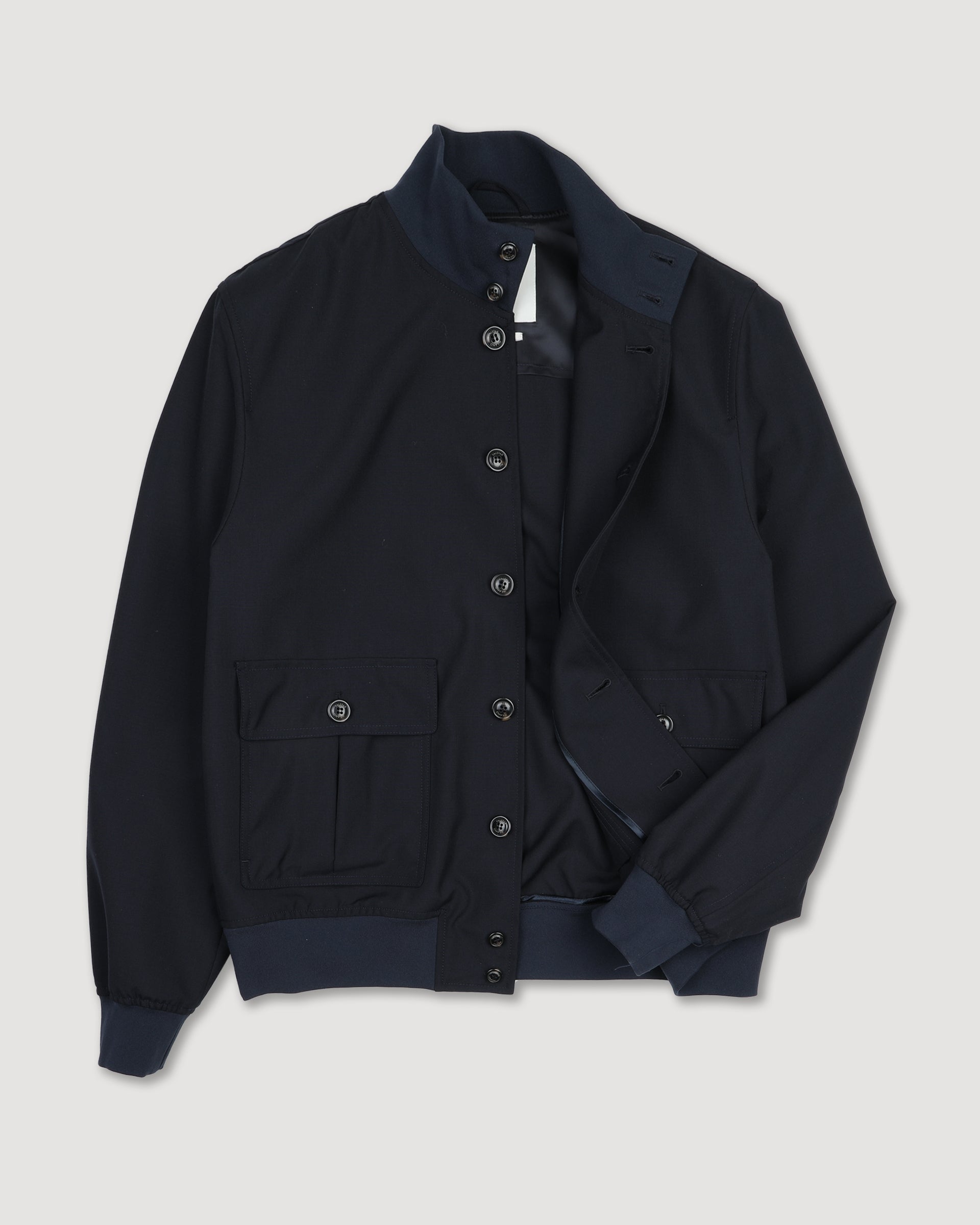 UOMO- GIUBBOTTO (VALSTARINO) COLLO ALTO CON BOTTONI E TASCHE APPLICATE IN TESSUTO FRESCO LANA 2 PLY IN PURA LANA VERGINE , COLLO POLSI E FONDO IN RETTILINEA, CARRE E MANICHE FODERATE - Navy