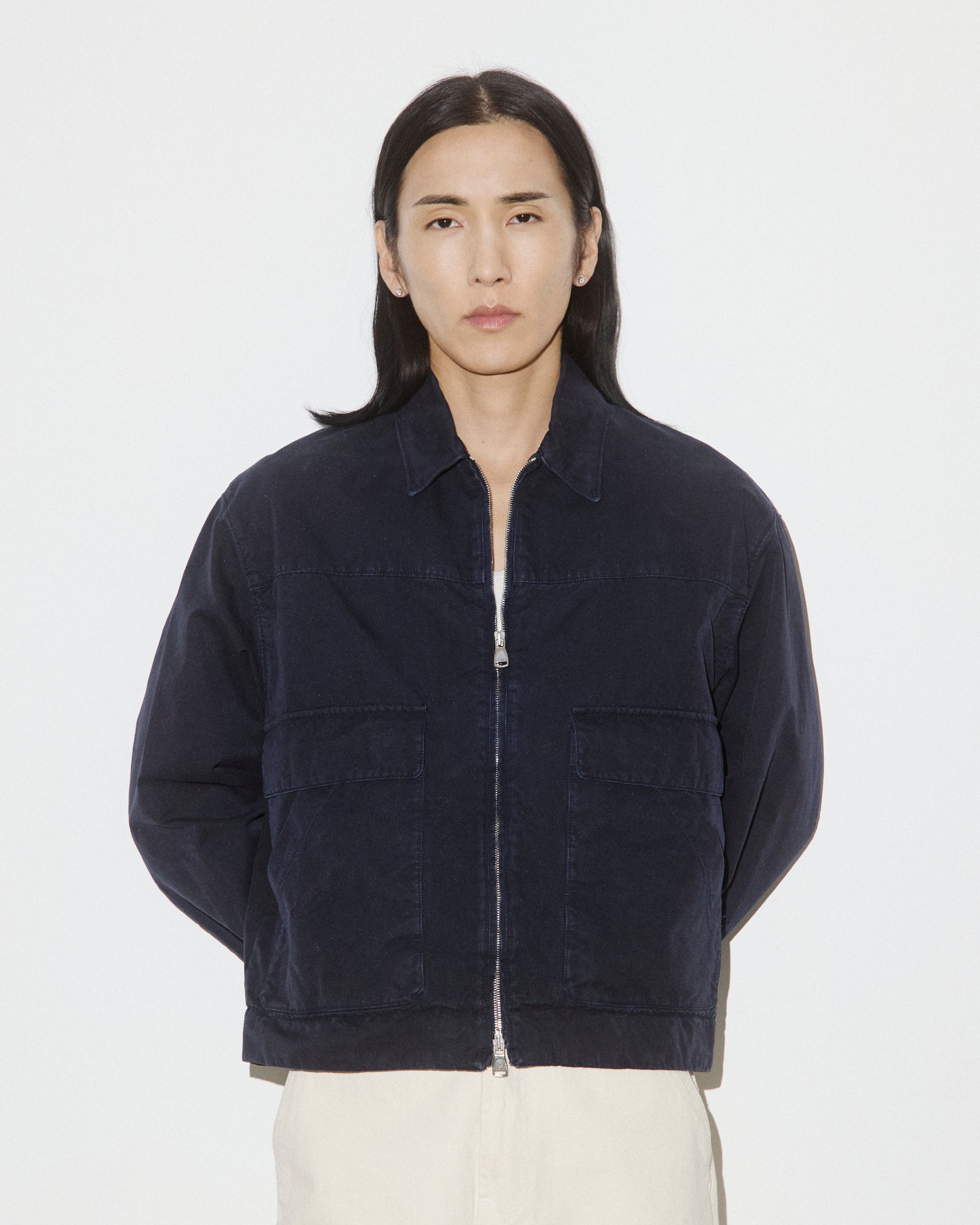 UOMO- GIUBBOTTO CON ZIP E TASCHE A TOPPA, IN TESSUTO CANVAS DI COTONE, SFODERATO, TINTO CAPO - Blu