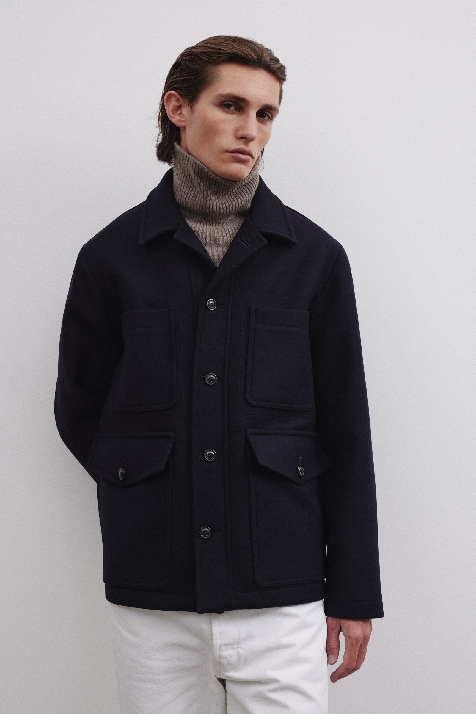 Arthur lined work jacket in virgin wool felt fabric - Navy