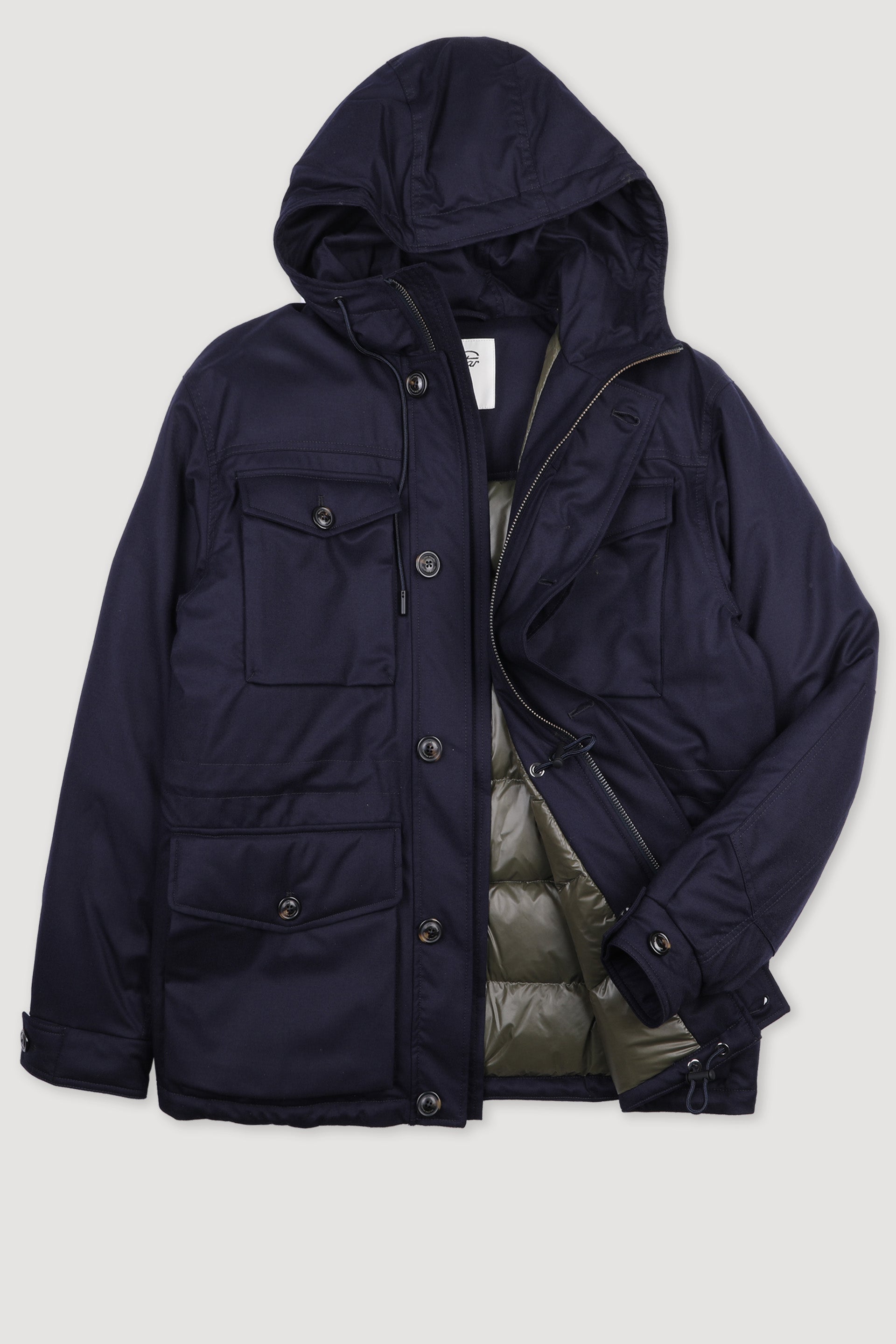 Down padded field jacket in a 2 two layer virgin wool flannel fabric,