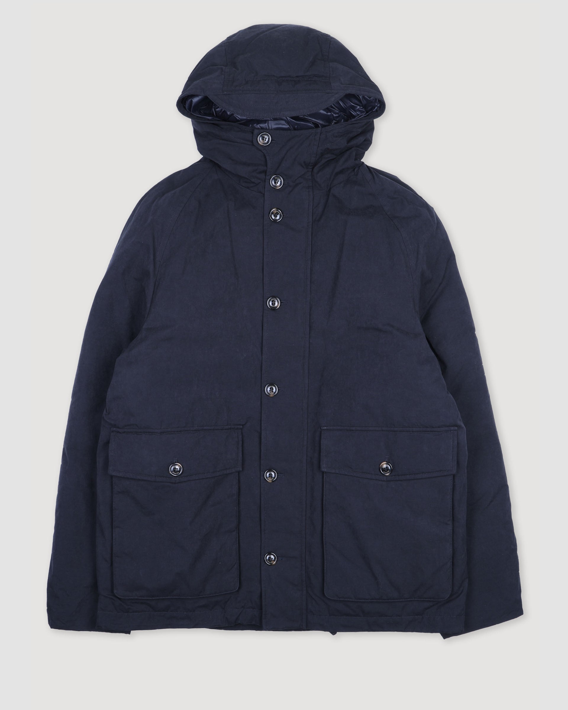 Giubbotto Liam con cappuccio in tessuto di misto cotone cerato water repellent, imbottito in piuma. Blu - Navy