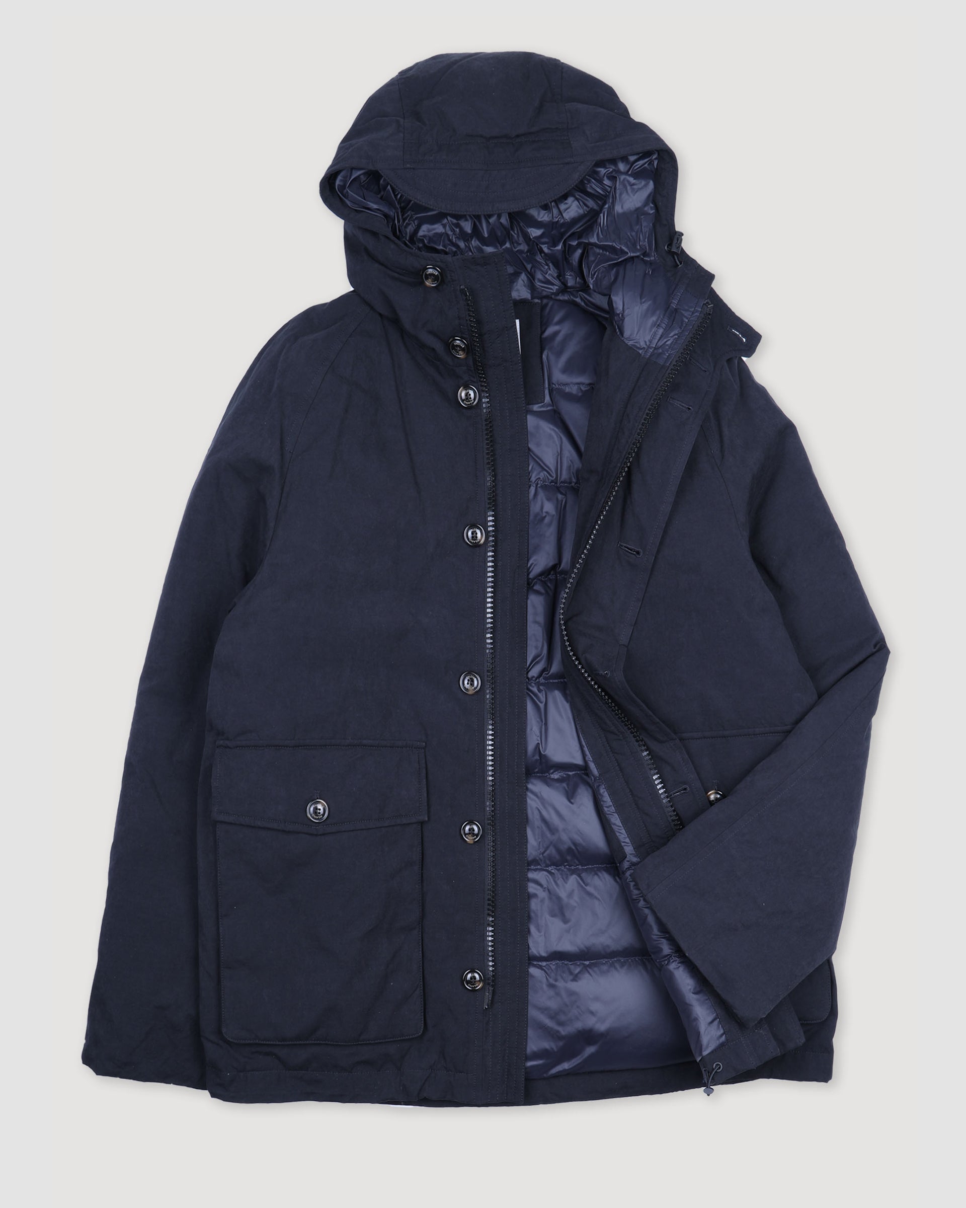 Giubbotto Liam con cappuccio in tessuto di misto cotone cerato water repellent, imbottito in piuma. Blu - Navy