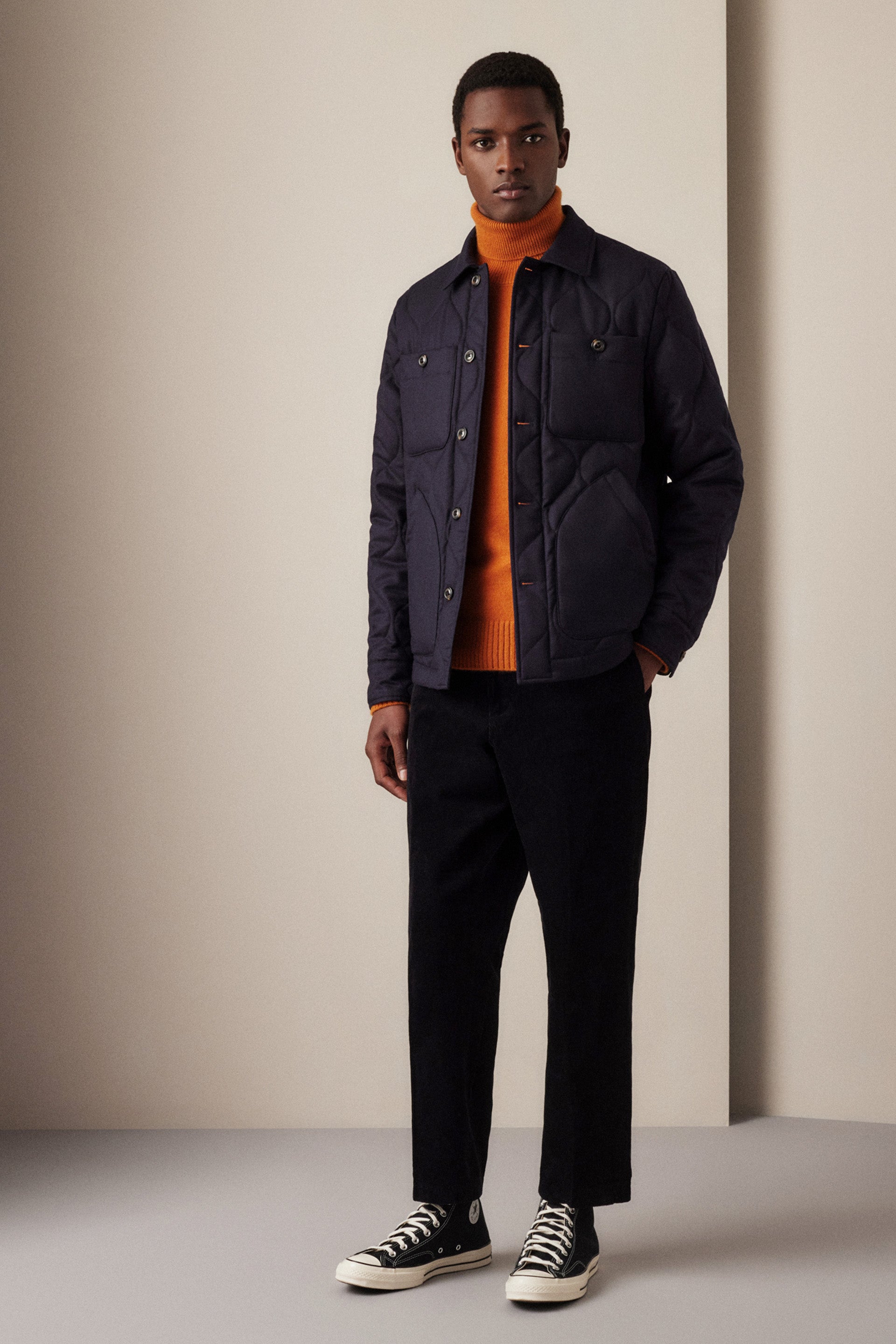 OVER-SHIRT TRAPUNTATA, FLANELLA IN LANA VERGINE WATER-REPELLENT - Navy blue