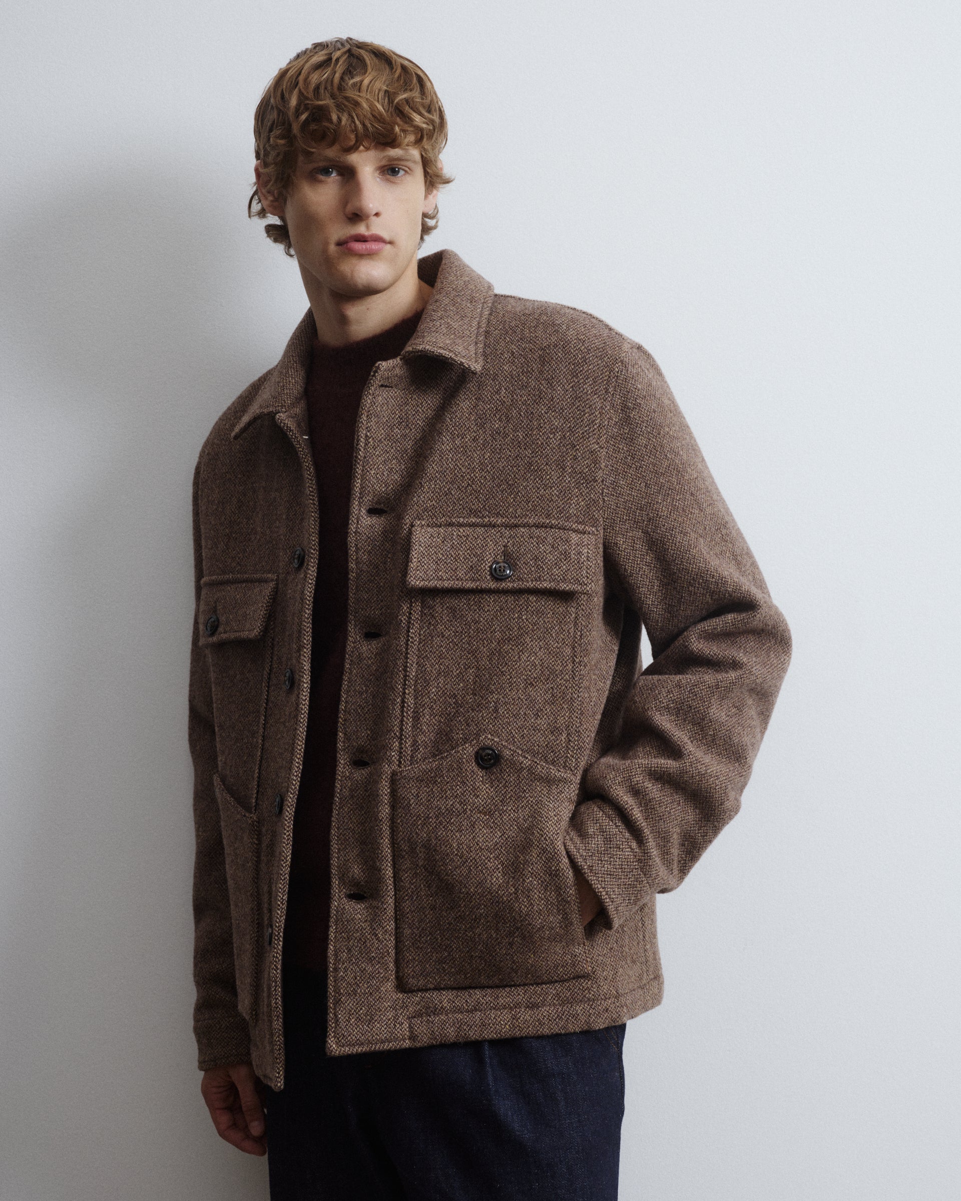 Woody padded work jacket in virgin wool broken twill pattern. Brown -