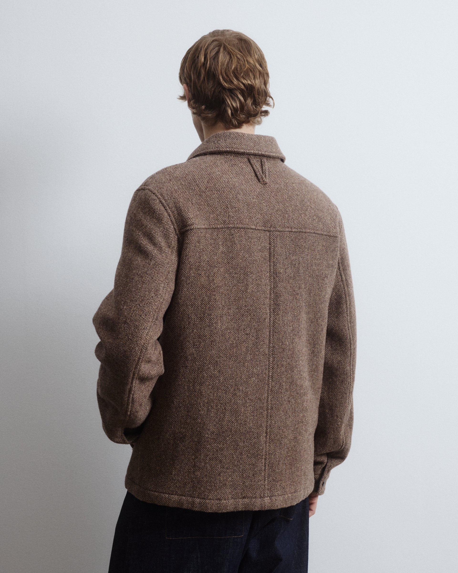 Woody padded work jacket in virgin wool broken twill pattern. Brown -