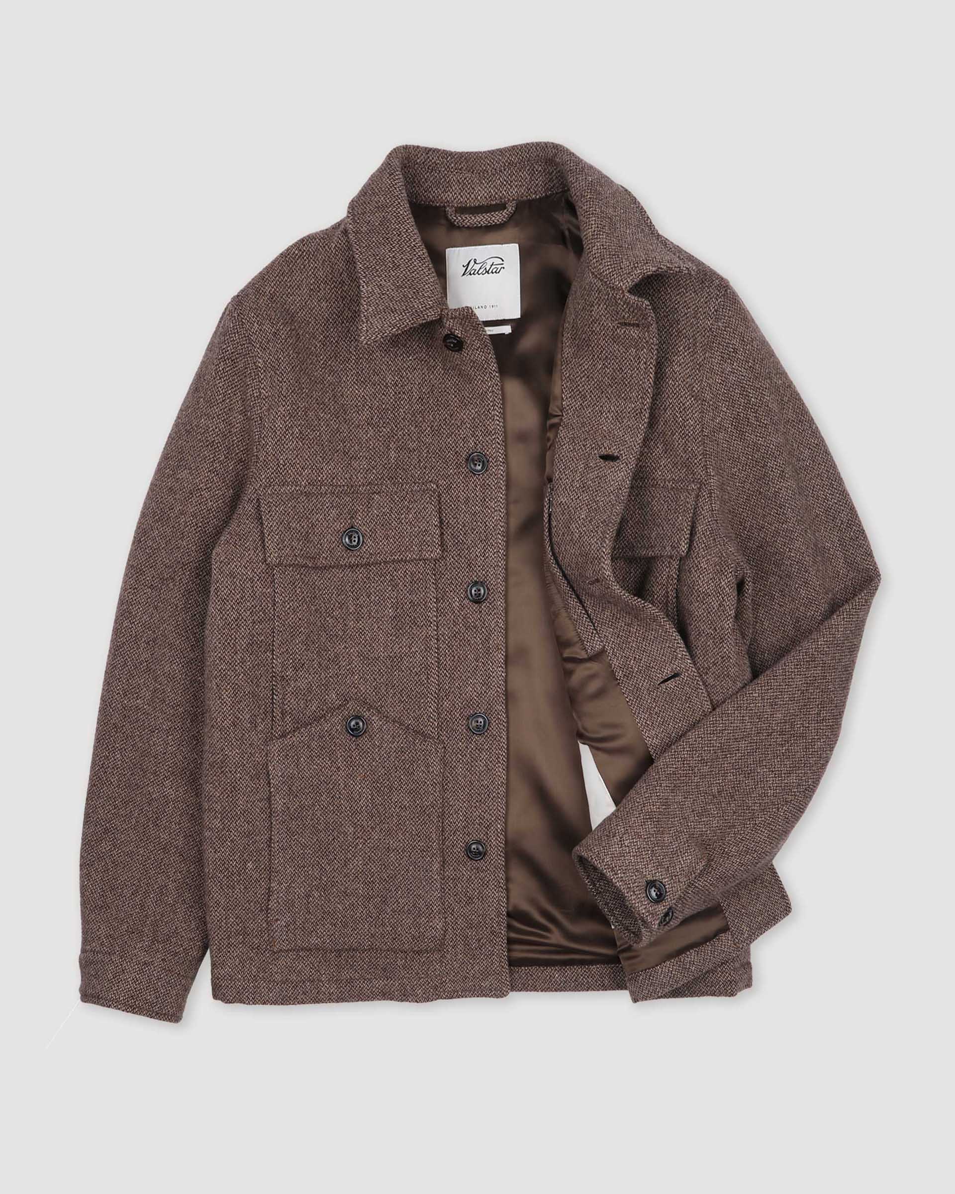 Woody padded work jacket in virgin wool broken twill pattern. Brown -