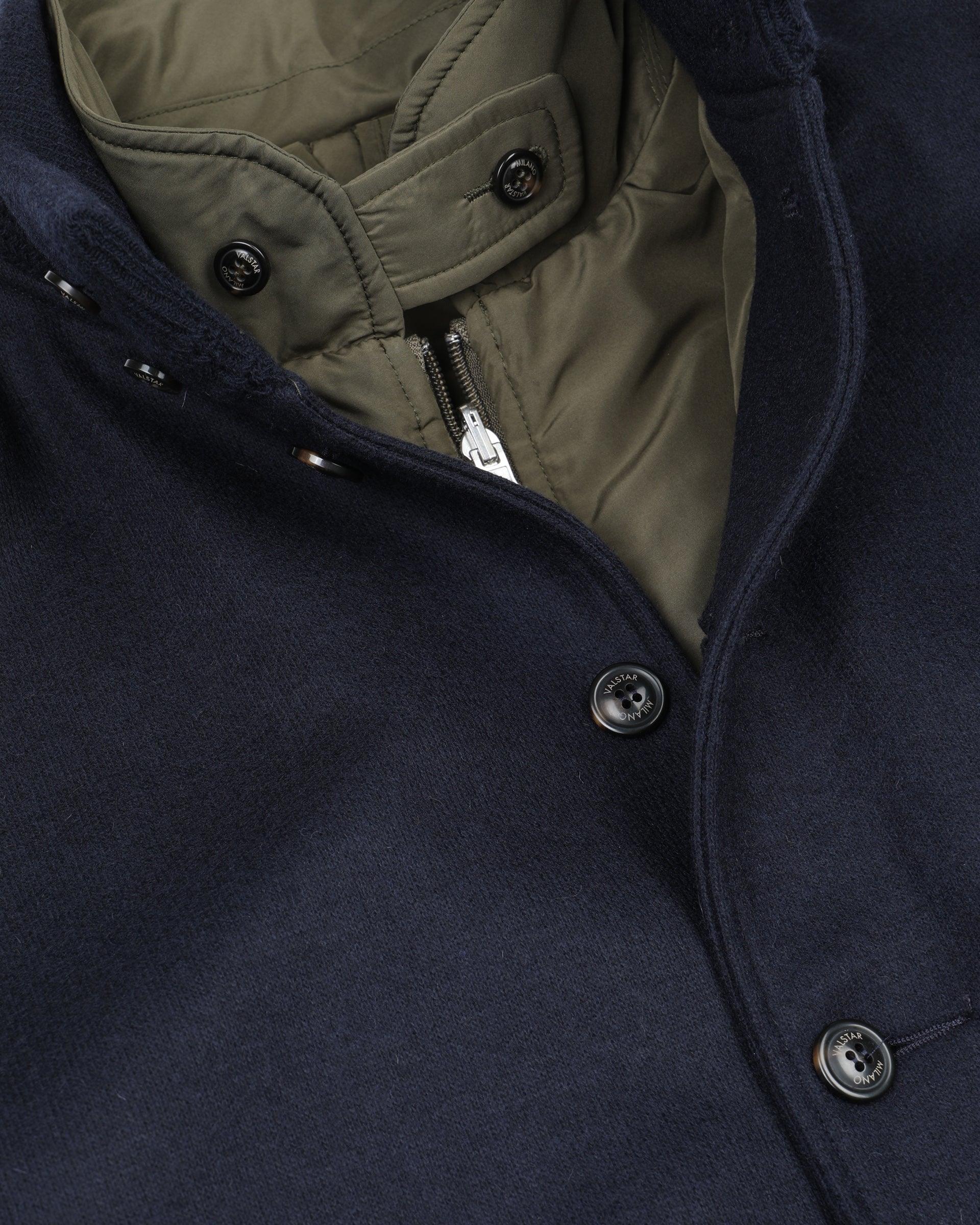Valstarino jacket in wool blend jersey felt fabric with detachable quilted vest. Blue - Navy/Military green