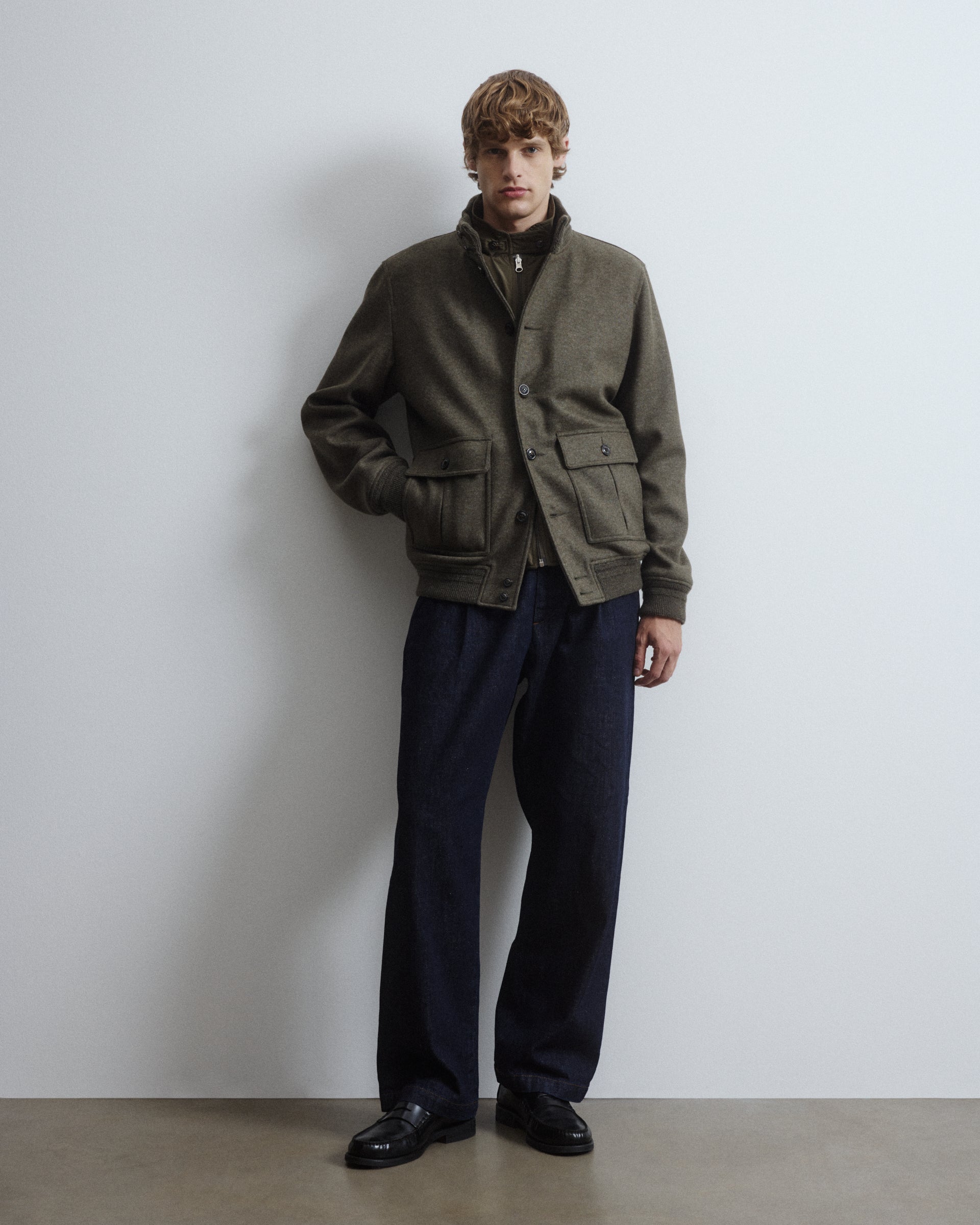Valstarino jacket in wool blend jersey felt fabric with detachable quilted vest. Green - Military green