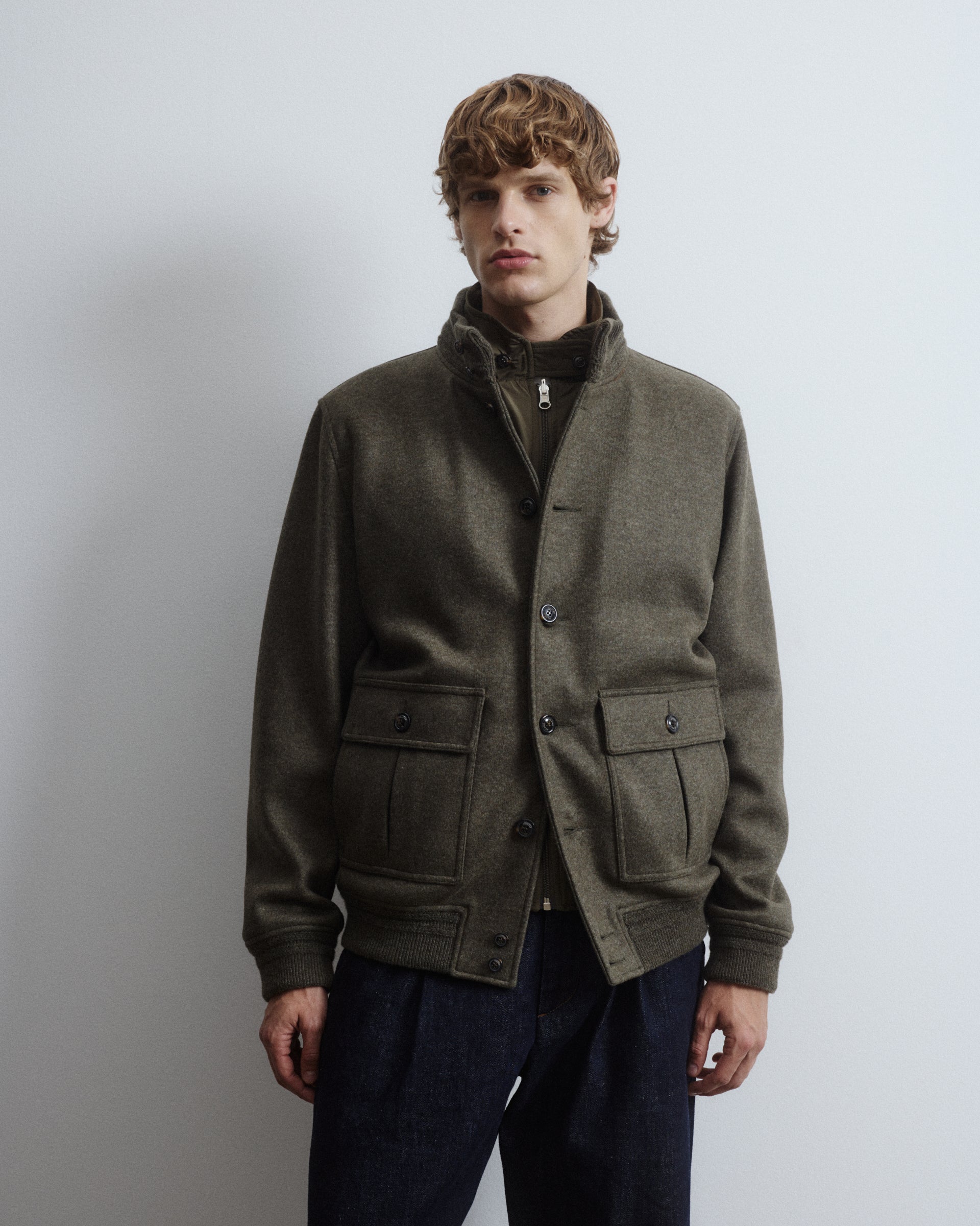 Valstarino jacket in wool blend jersey felt fabric with detachable quilted vest. Green - Military green