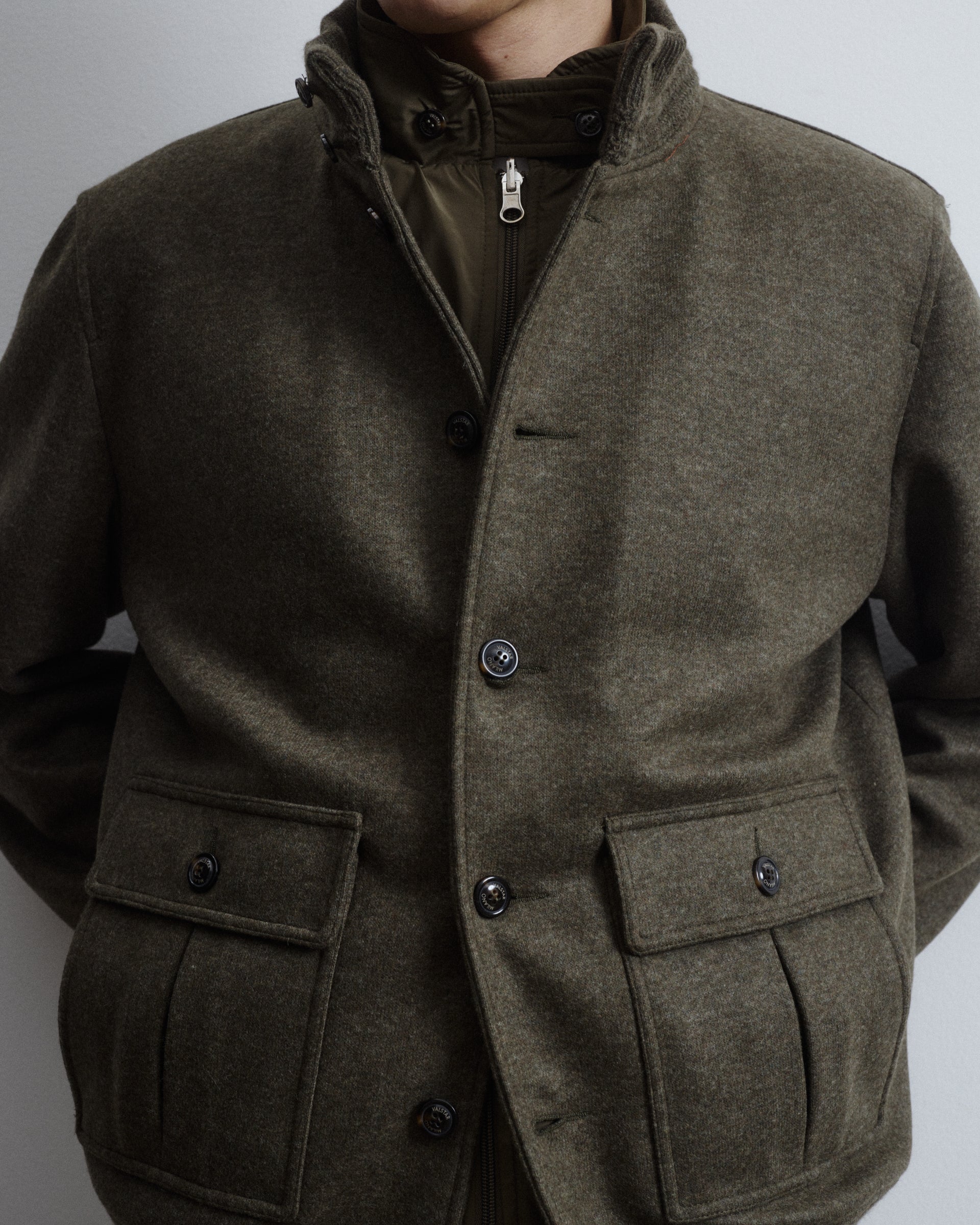 Valstarino jacket in wool blend jersey felt fabric with detachable qui