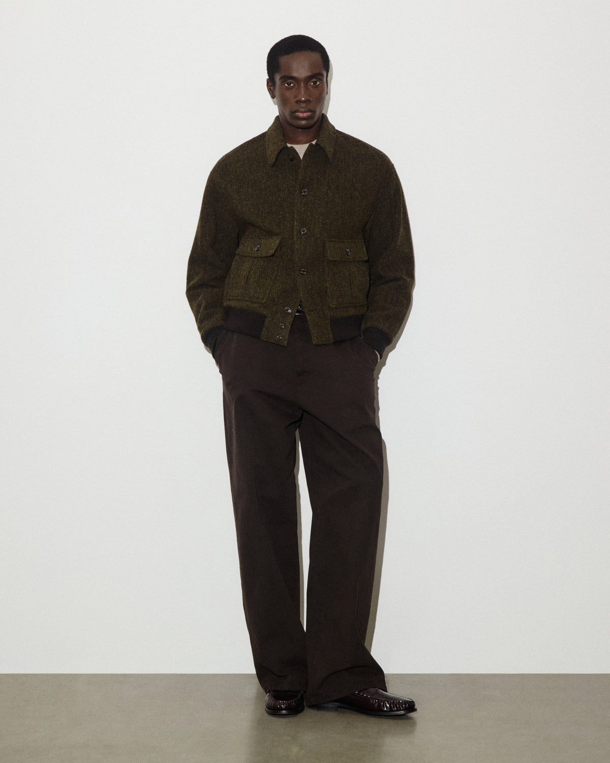 Bomber Colin in pura lana vergine fantasia broken twill, imbottito. Verde - Militare/Tabacco