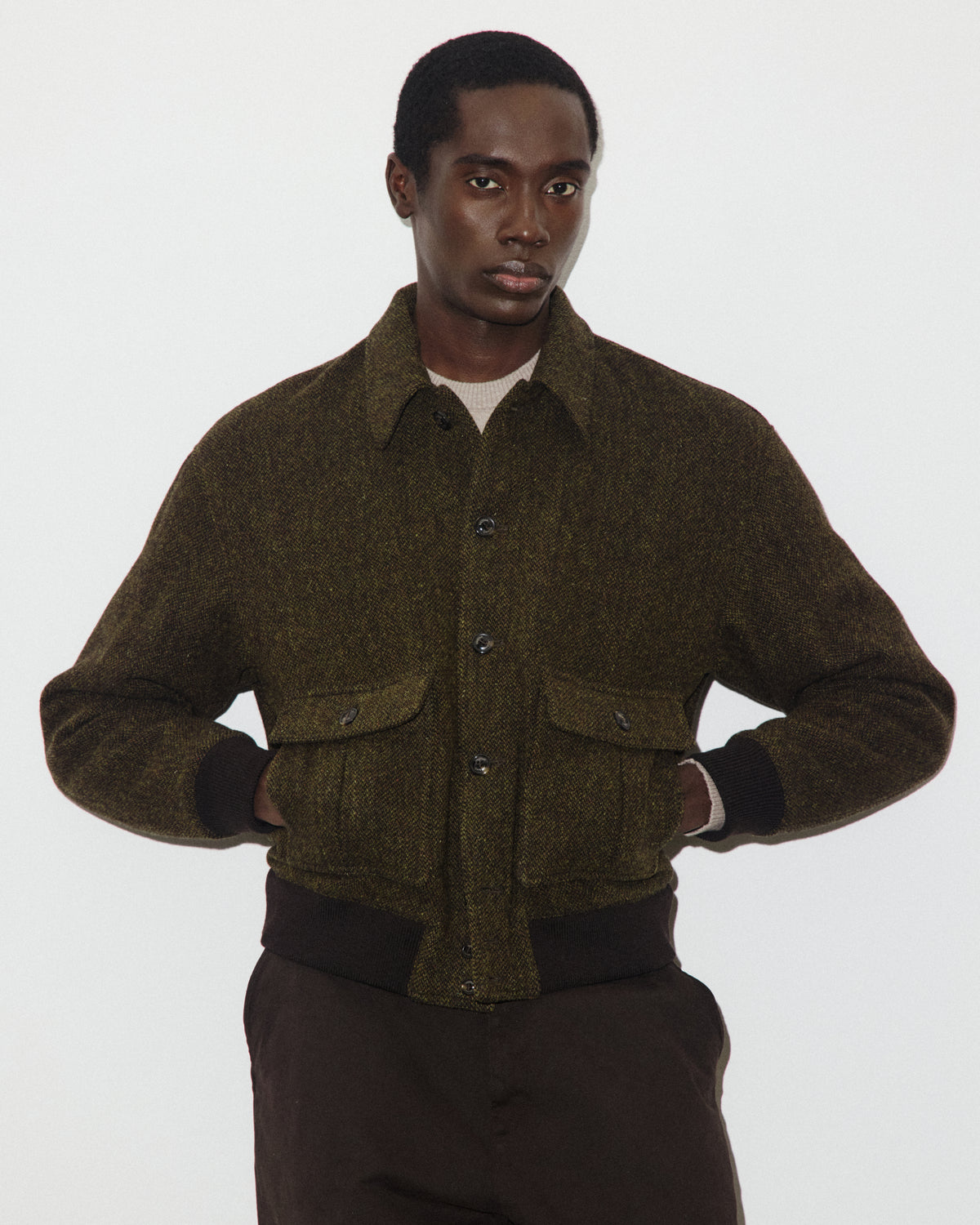 Bomber Colin in pura lana vergine fantasia broken twill, imbottito. Verde - Militare/Tabacco