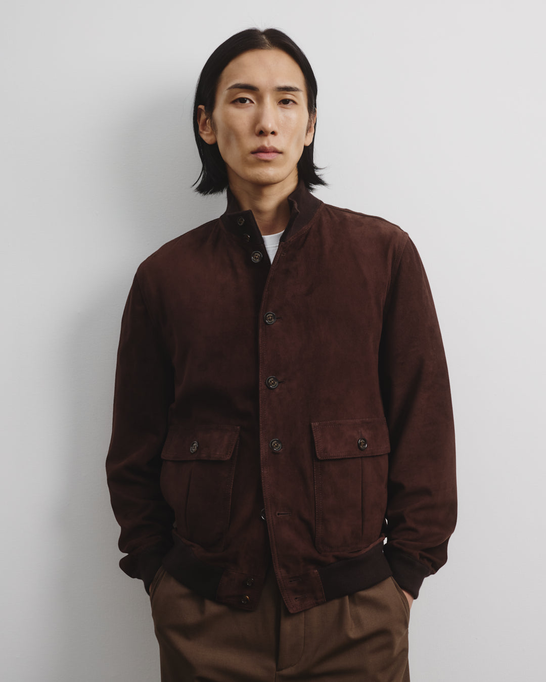 Giubbotto Valstarino in suede, sfoderato con loop nel collo dietro. Marrone - Caffè