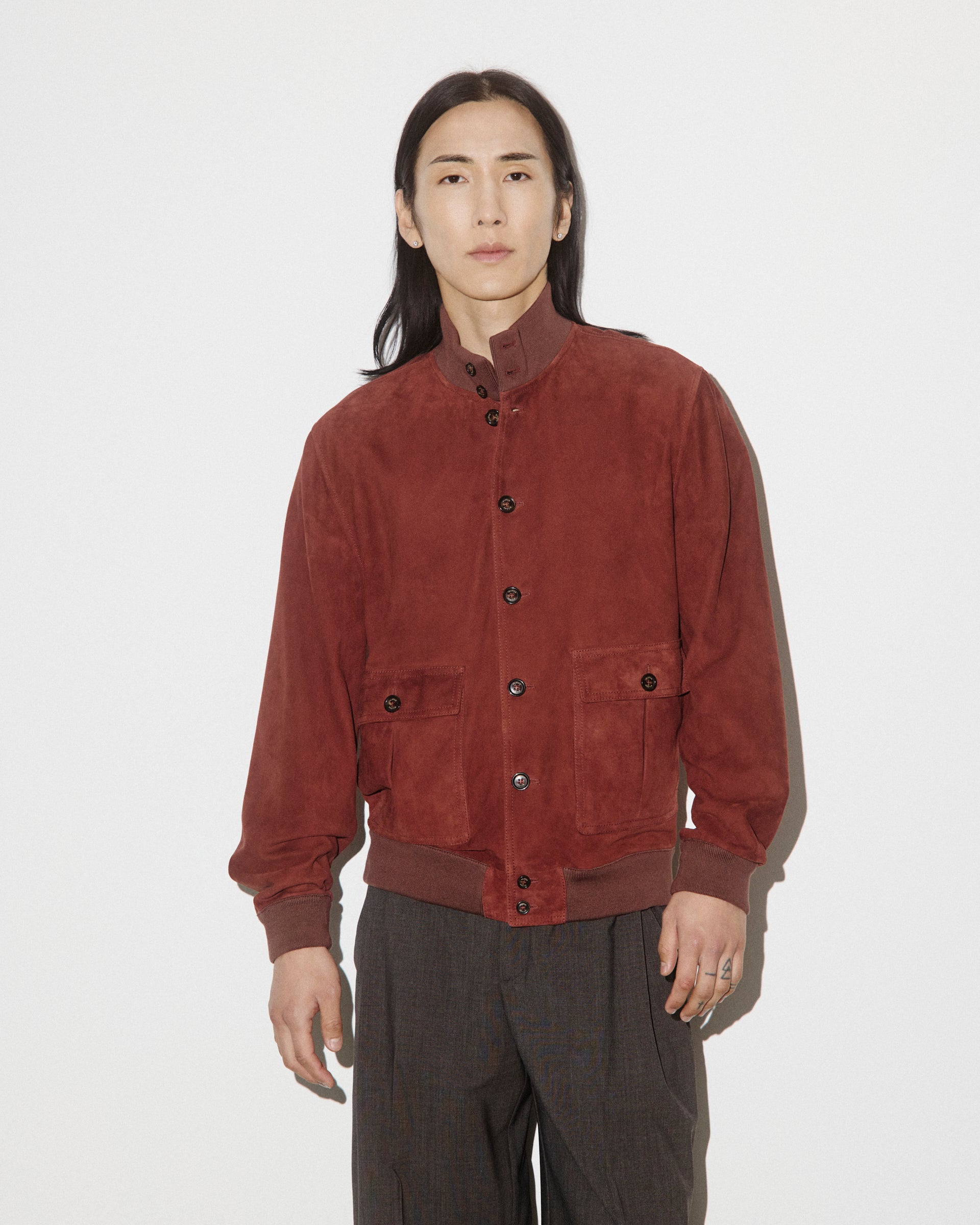 UOMO-GIUBBOTTO VALSTARINO COLLO ALTO CON BOTTONI E TASCHE APPLICATE IN SUEDE SFODERATO, COLLO POLSI E FONDO SMACCHINATI IN COTONE - Ruggine