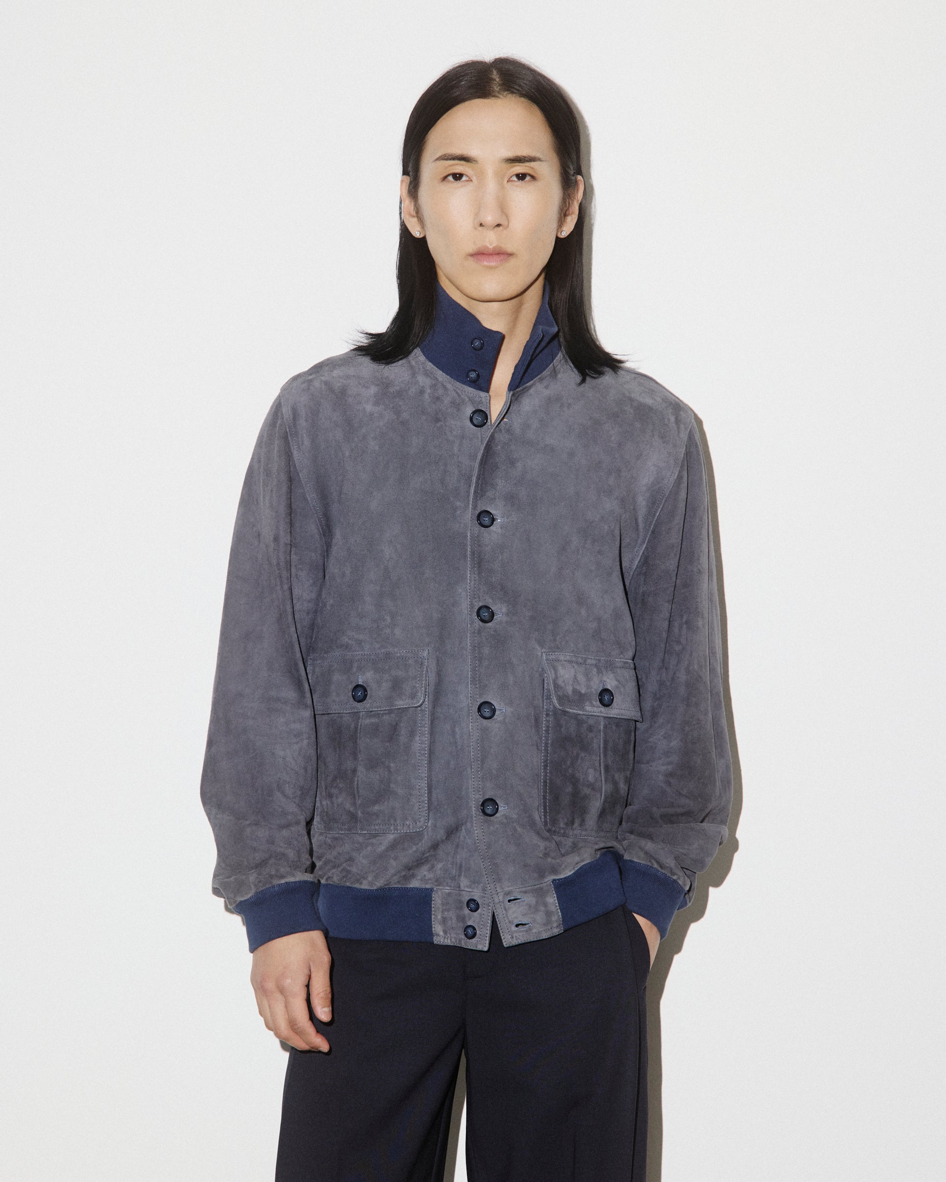 UOMO-GIUBBOTTO VALSTARINO COLLO ALTO CON BOTTONI E TASCHE APPLICATE IN SUEDE SFODERATO, COLLO POLSI E FONDO SMACCHINATI IN COTONE - Balena