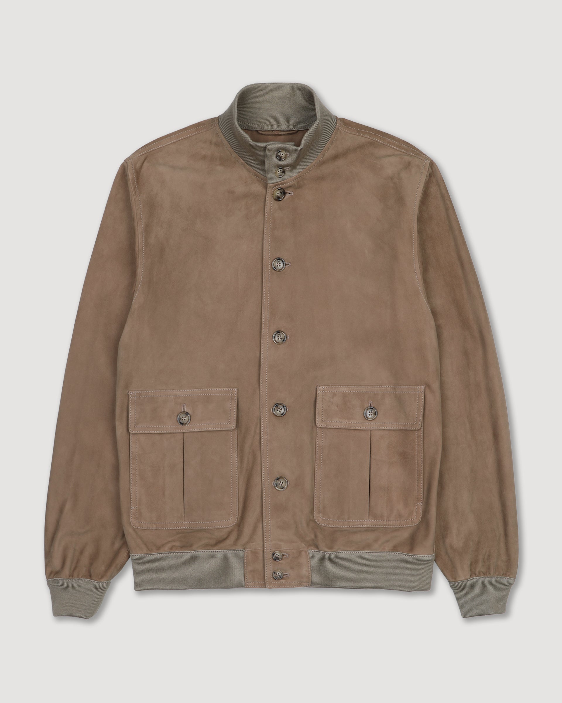 UOMO-GIUBBOTTO VALSTARINO COLLO ALTO CON BOTTONI E TASCHE APPLICATE IN SUEDE SFODERATO, COLLO POLSI E FONDO SMACCHINATI IN COTONE - Grege