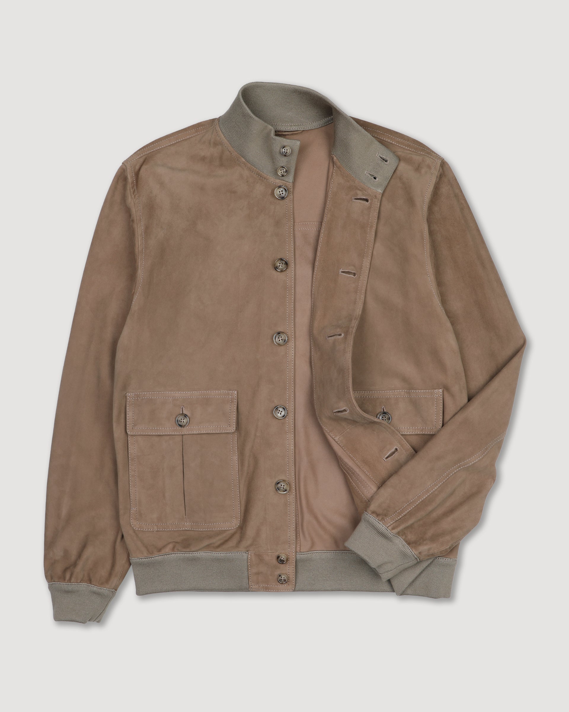 UOMO-GIUBBOTTO VALSTARINO COLLO ALTO CON BOTTONI E TASCHE APPLICATE IN SUEDE SFODERATO, COLLO POLSI E FONDO SMACCHINATI IN COTONE - Grege