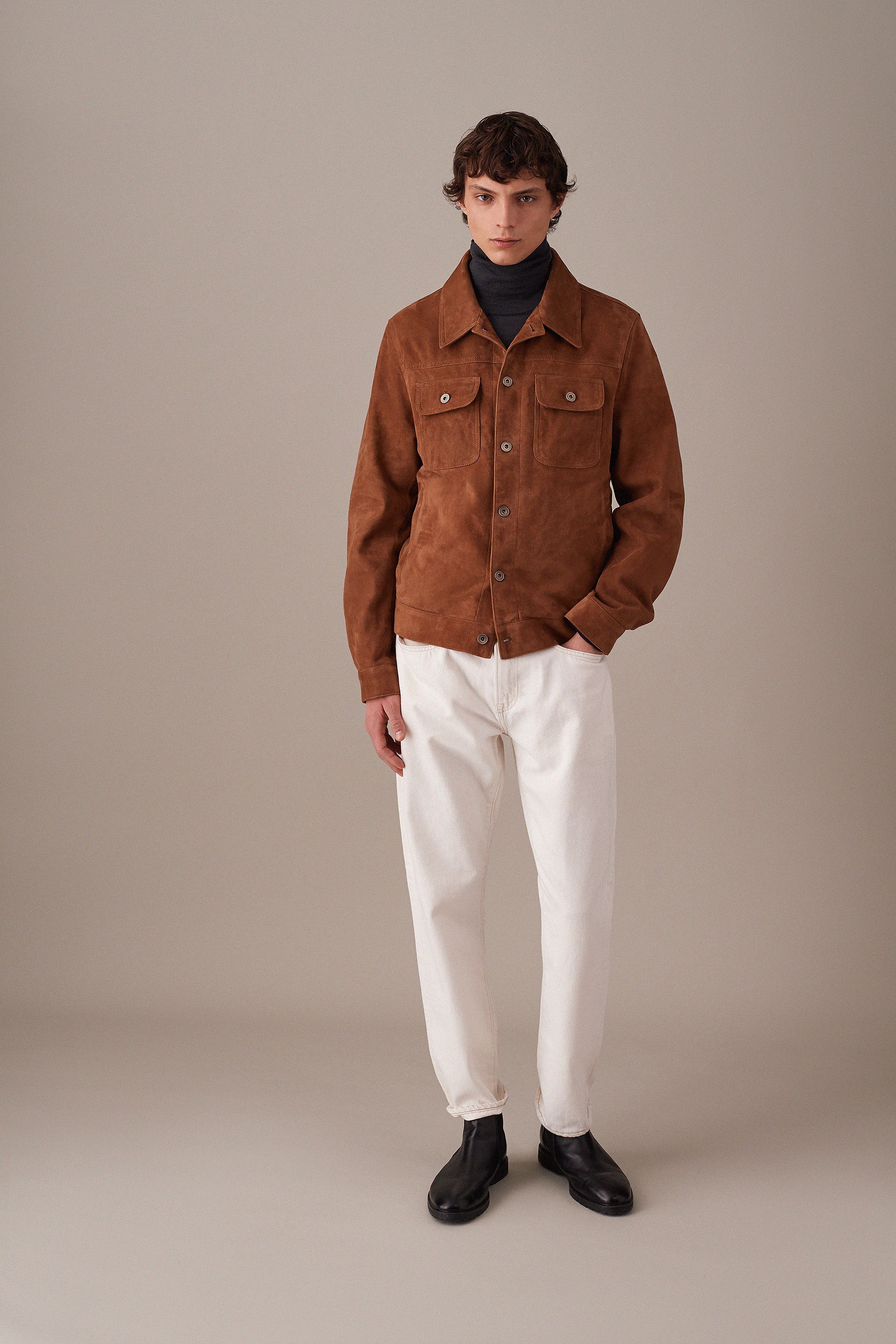 GIUBBOTTO TRUCKER, SFODERATO, SOFT SUEDE EFFETTO VINTAGE - Sandal/tobacco