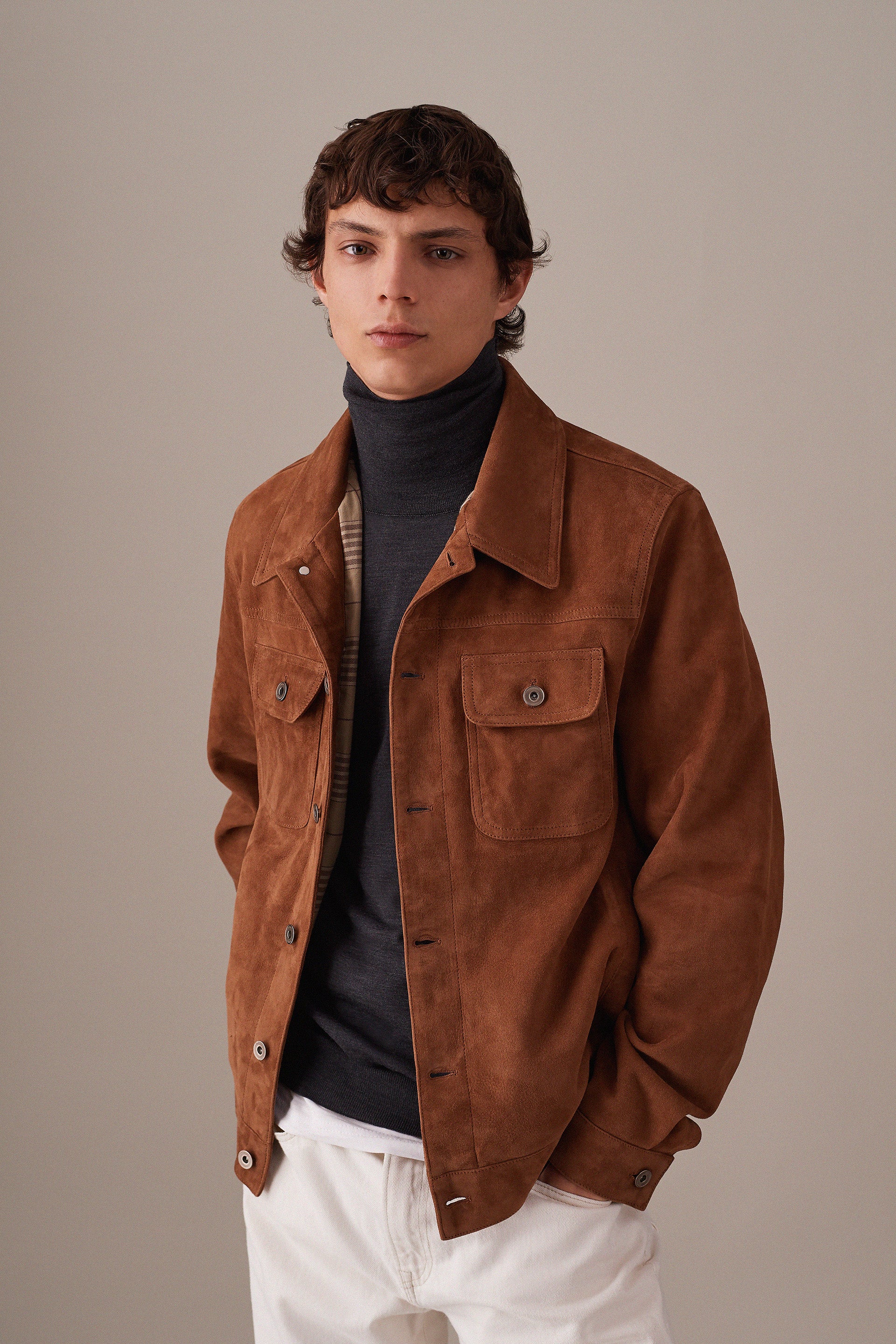 GIUBBOTTO TRUCKER, SFODERATO, SOFT SUEDE EFFETTO VINTAGE - Sandal/tobacco