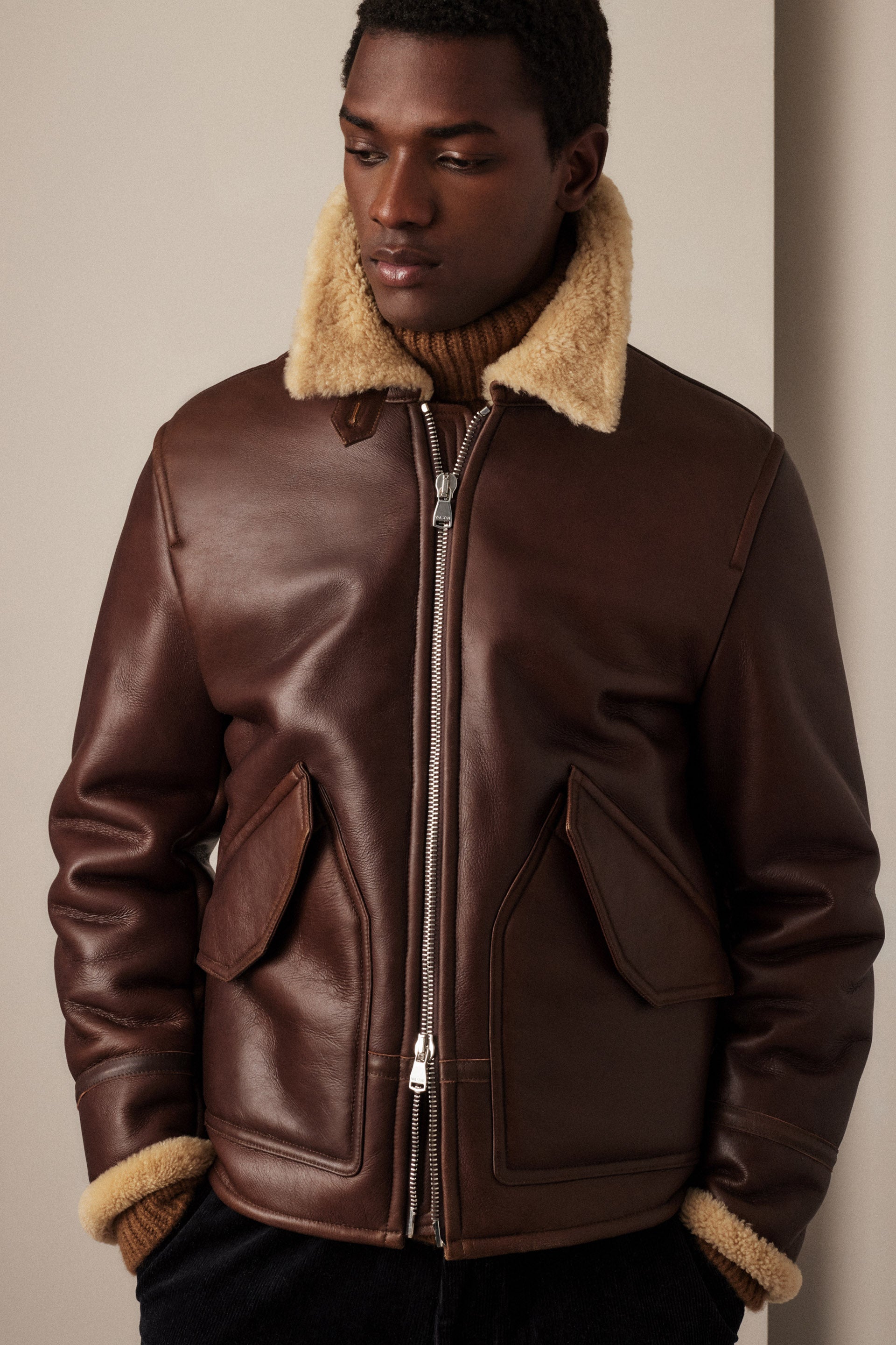 GIUBBOTTO AVIATORE IN MOTONE NAPPATO - Brown/beige
